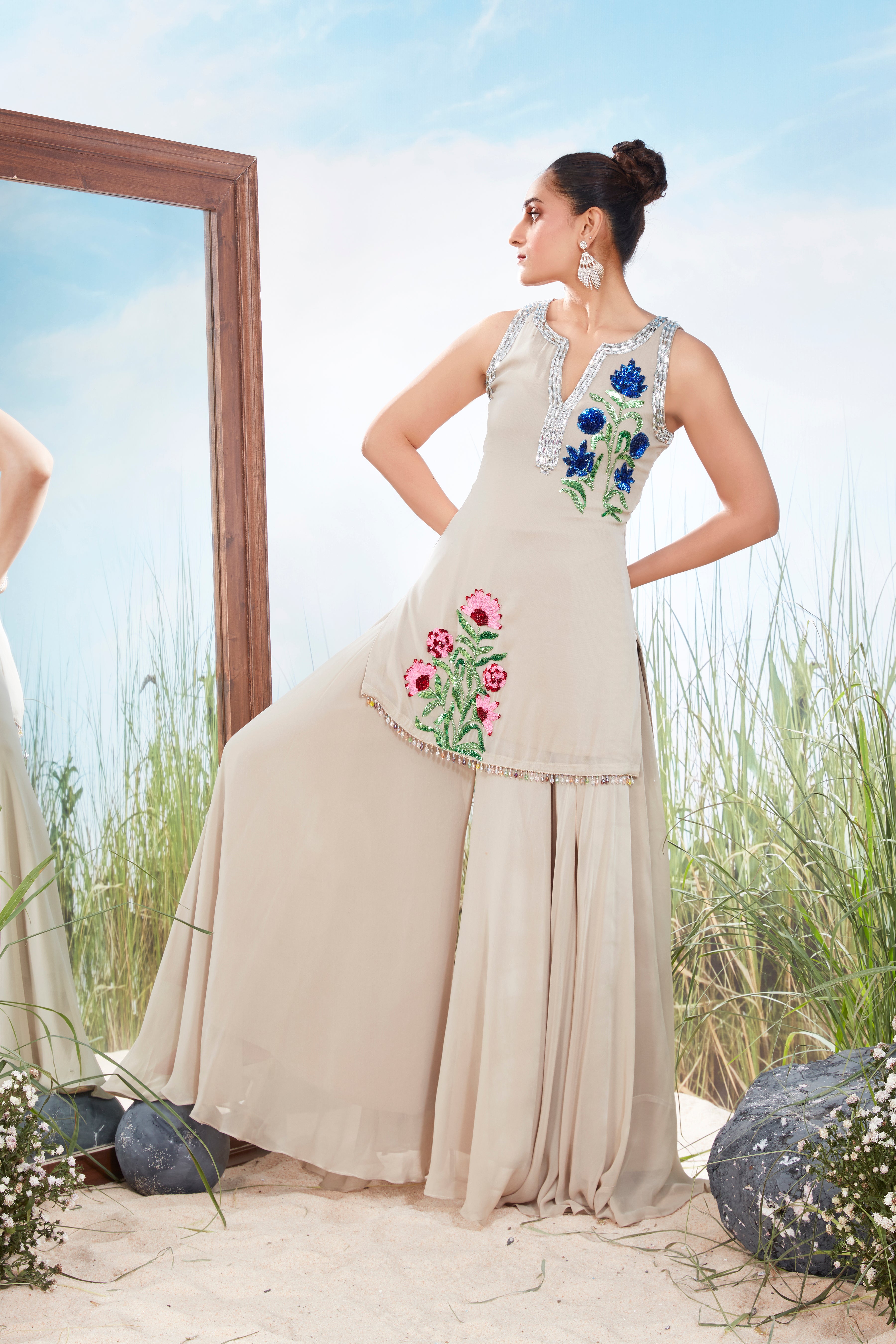 Pale Beige Embellished Georgette Silk Palazzo Set