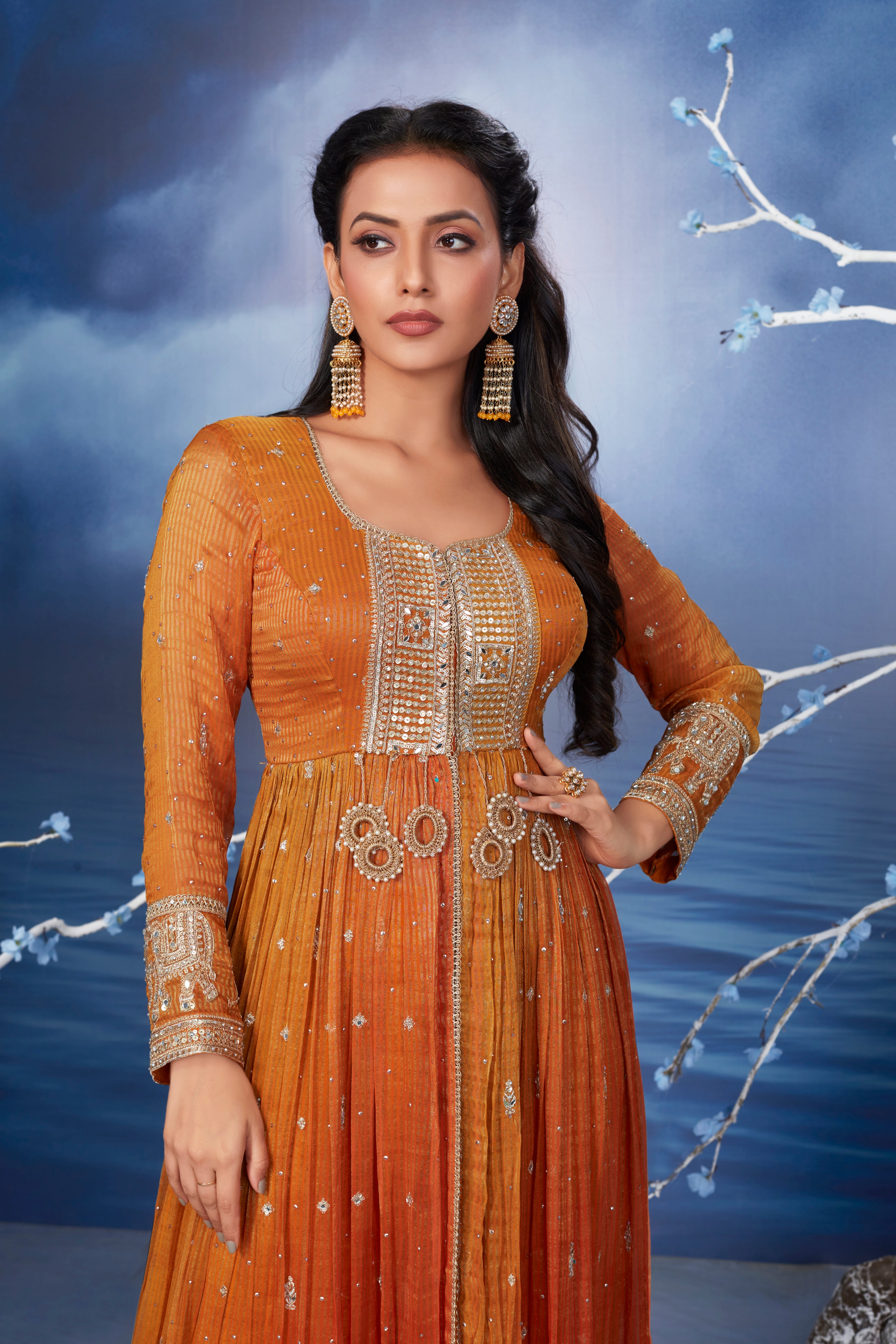 Deep Tangerine Embellished Premium Net Anarkali Set