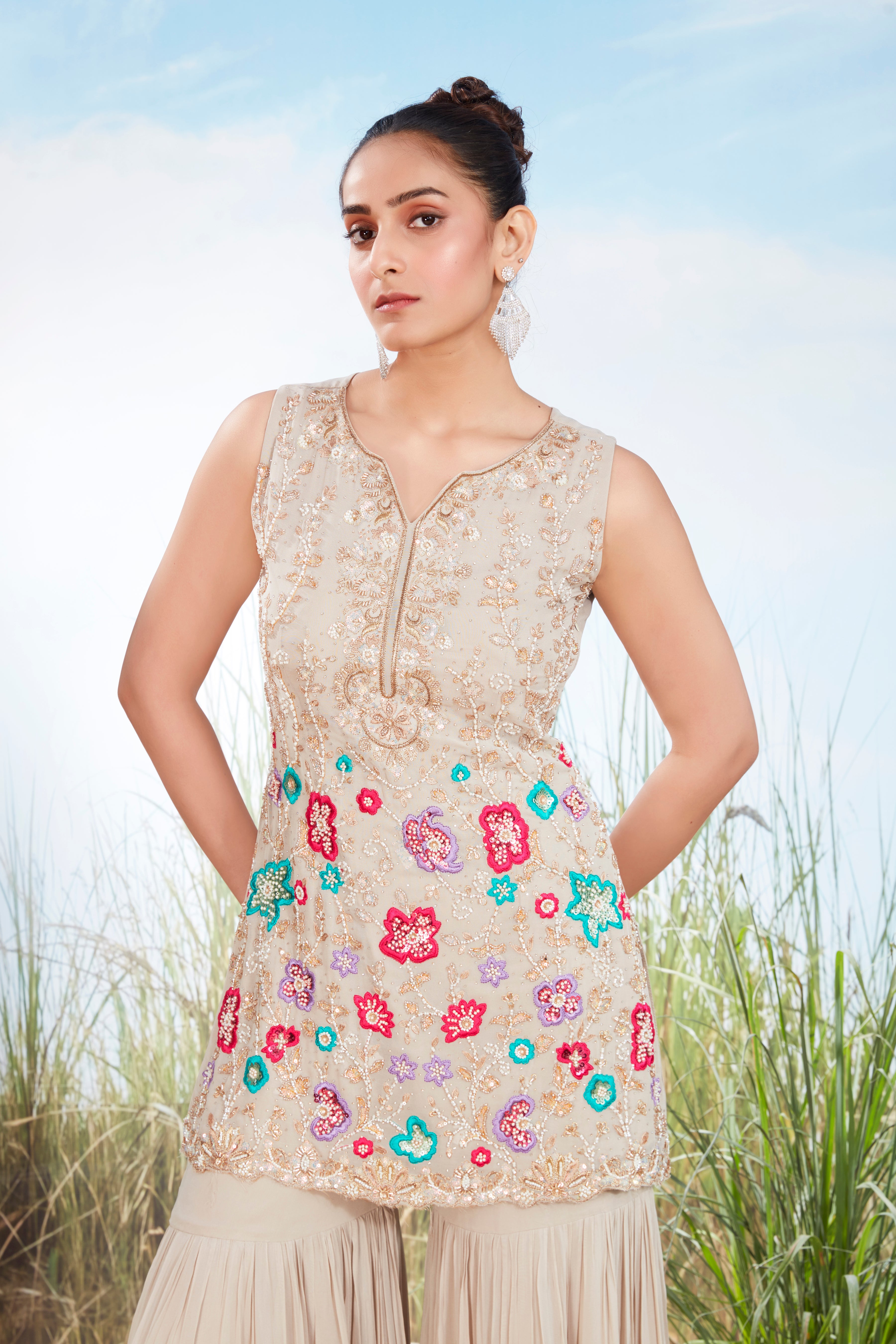 Light Beige Embellished Georgette Silk Sharara Set