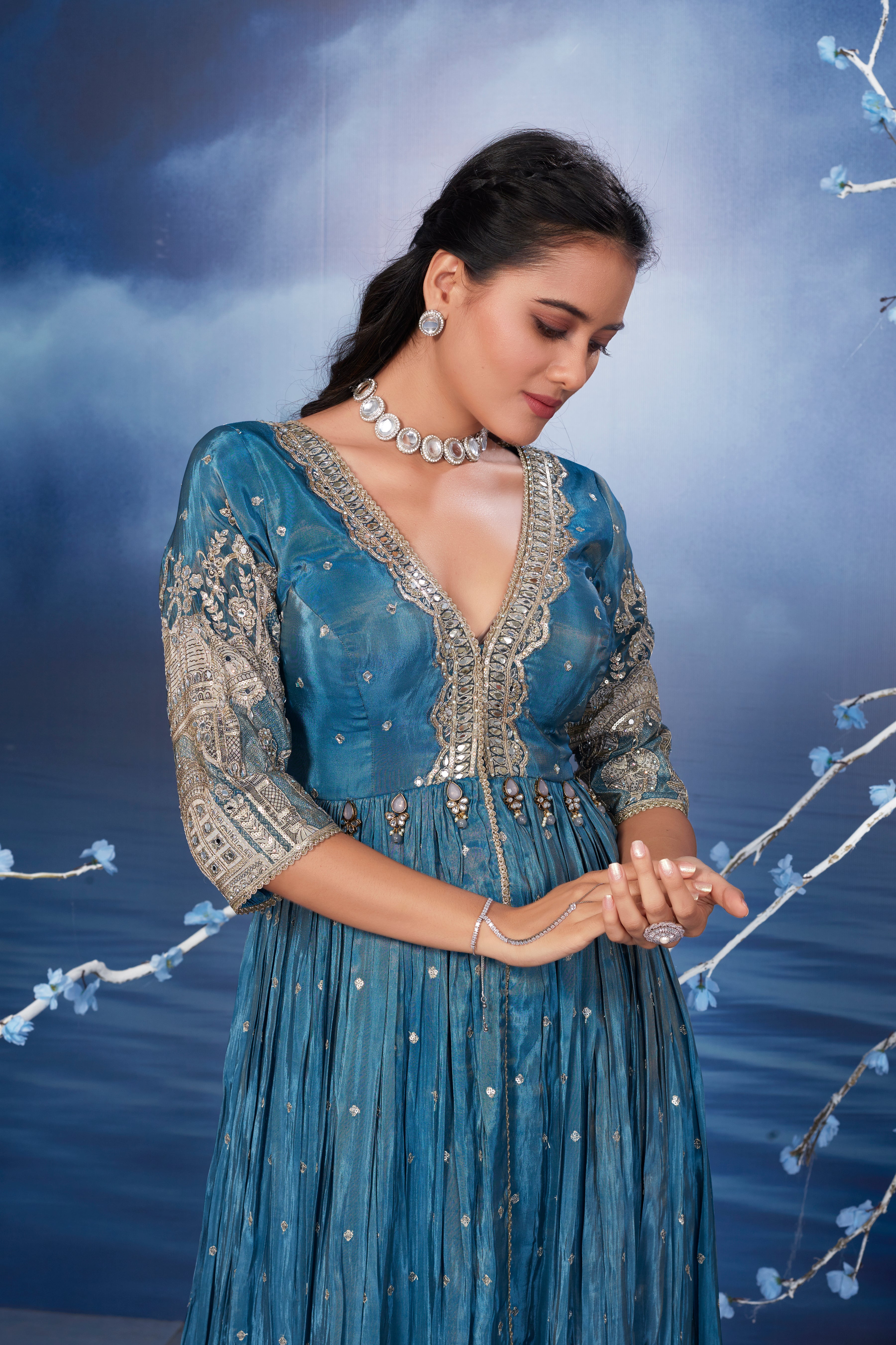 Blue Silver Embellished Premium Silk Anarkali Set