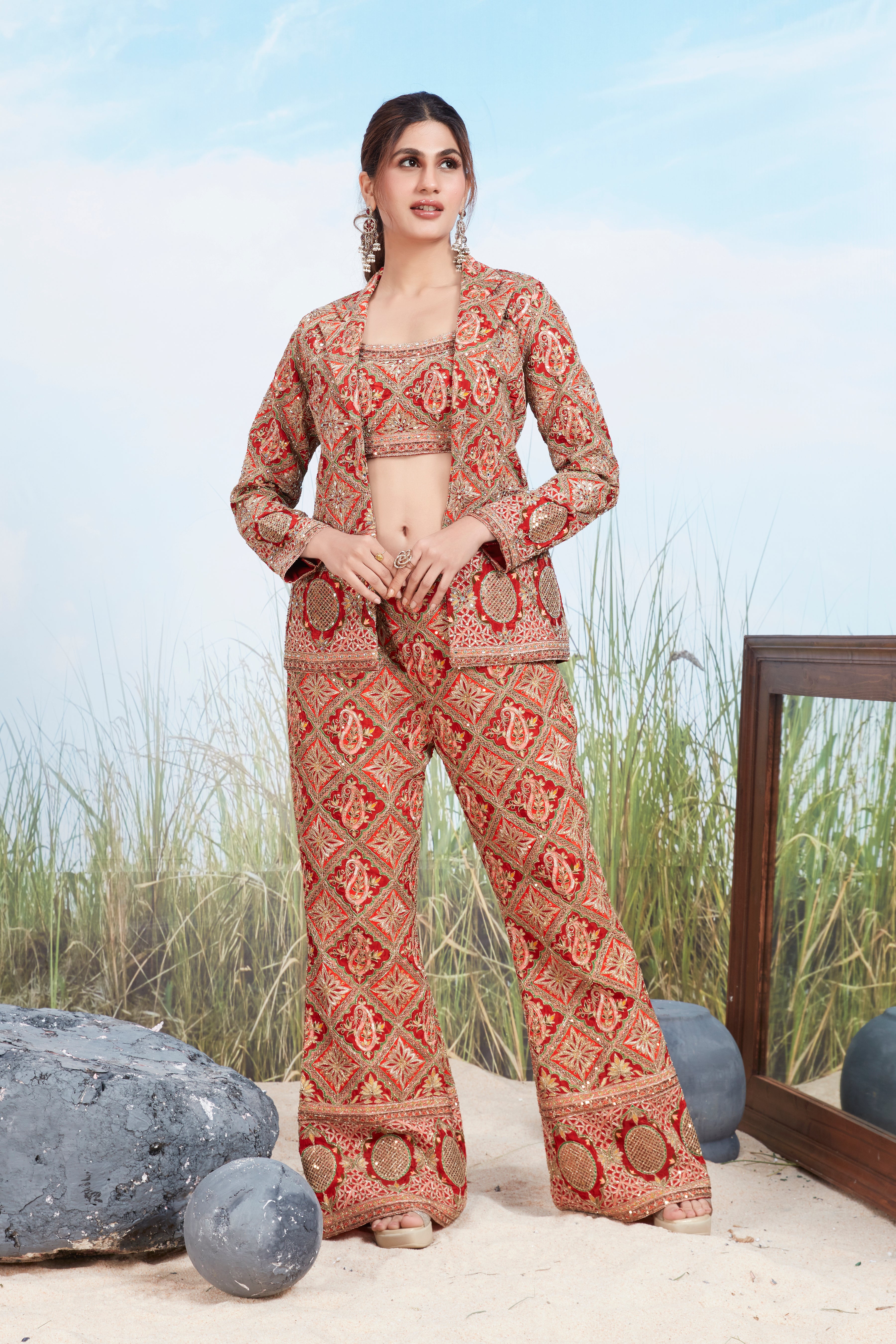 Rich Red Embellished Crepe Silk Palazzo Jacket Set