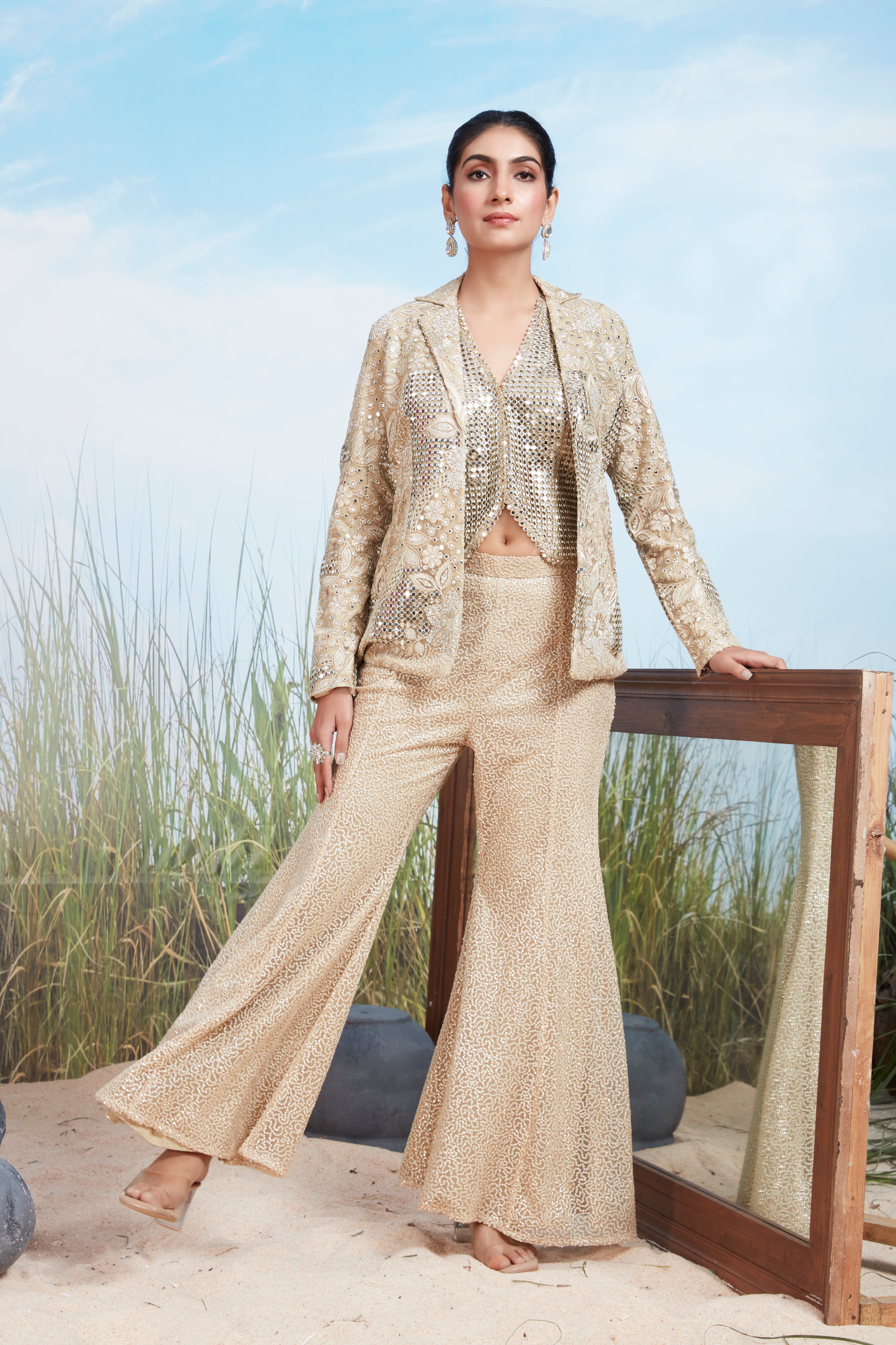 Champagne Gold Embellished Premium Net Jacket Palazzo Set