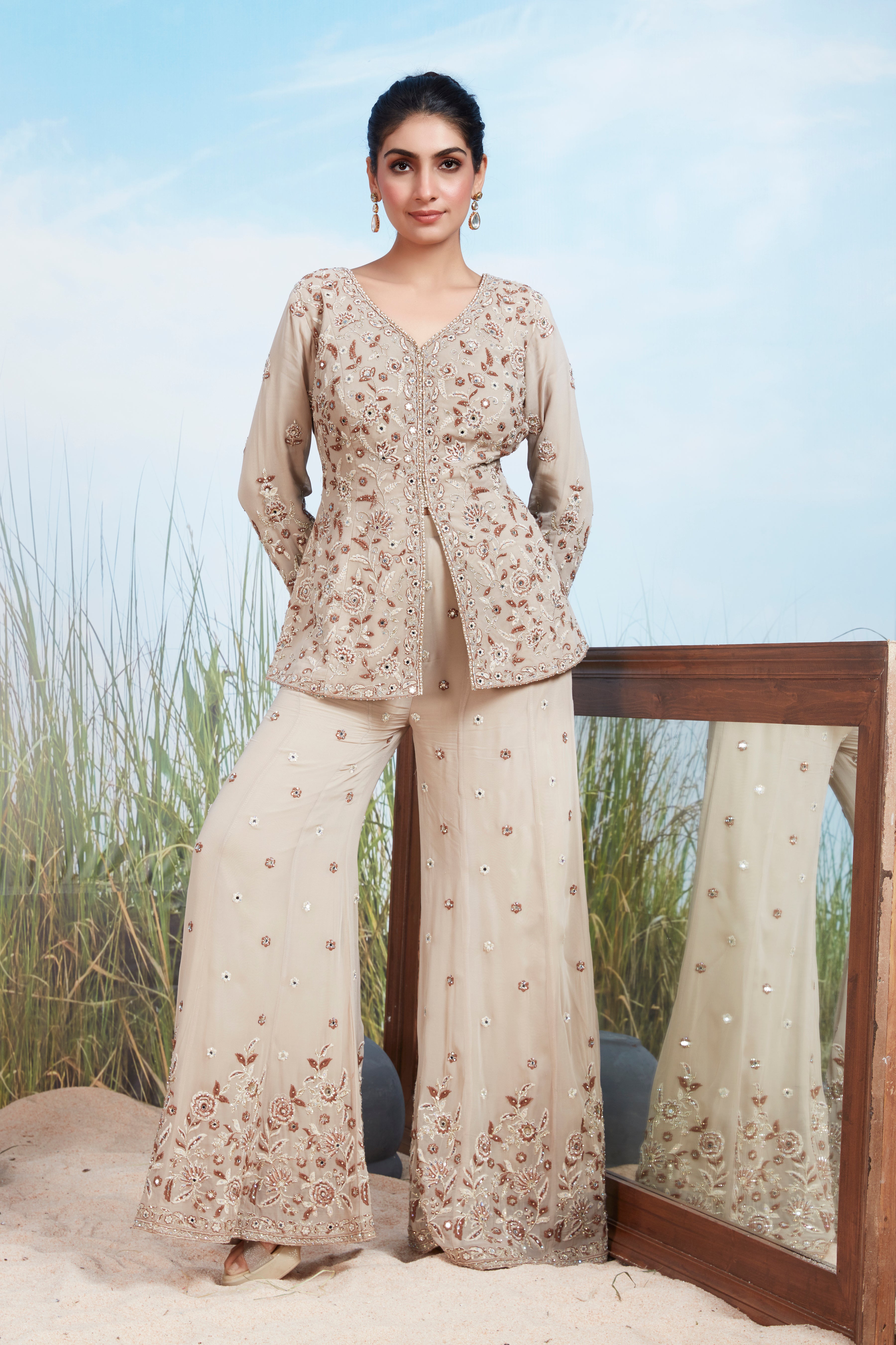 Dusty Beige Embroidered Georgette Silk Co-Ord Set