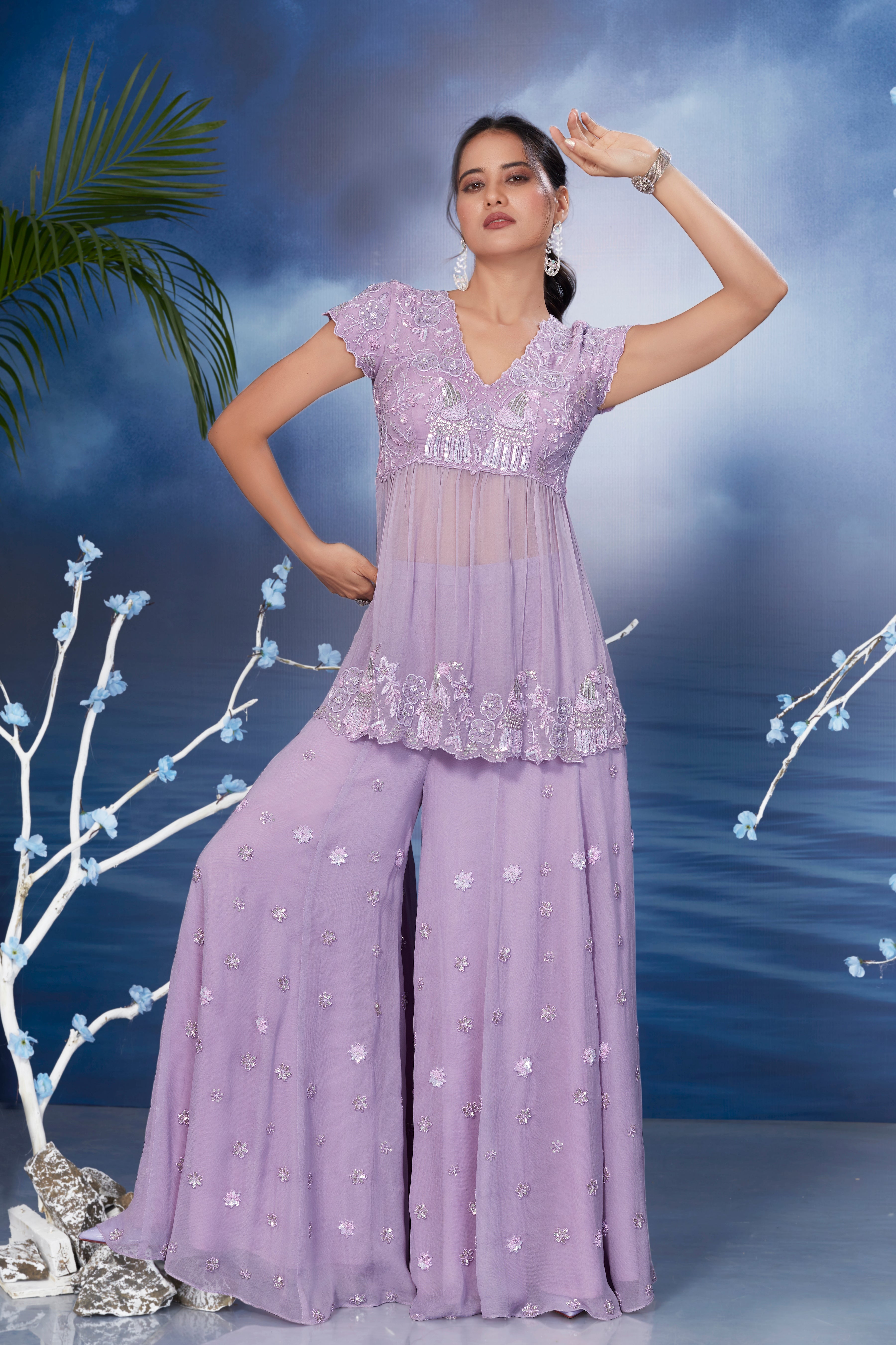 Lilac Sheer Embroidered Italian Silk Palazzo Set