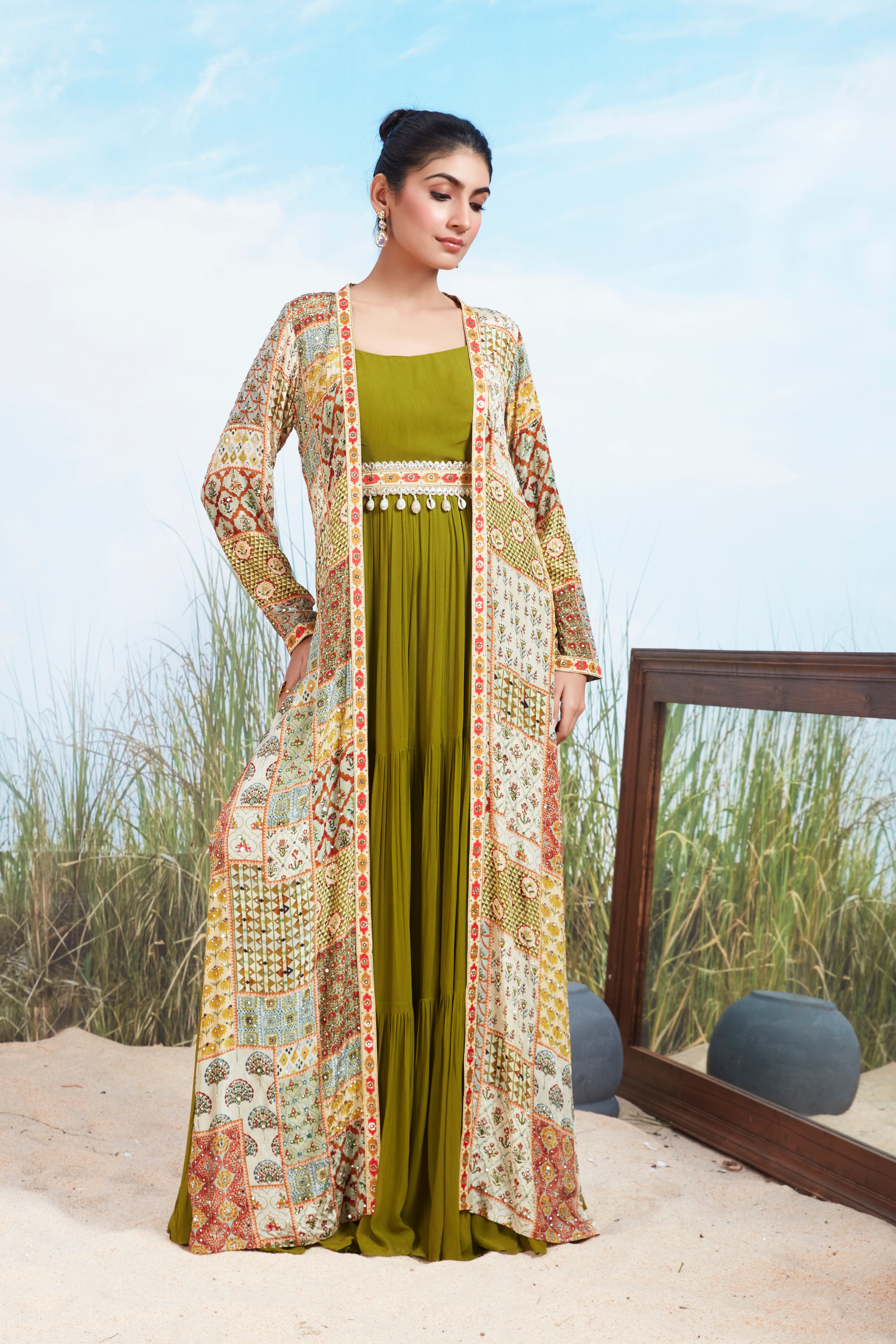 Olive Green Printed Georgette Silk Gown Set