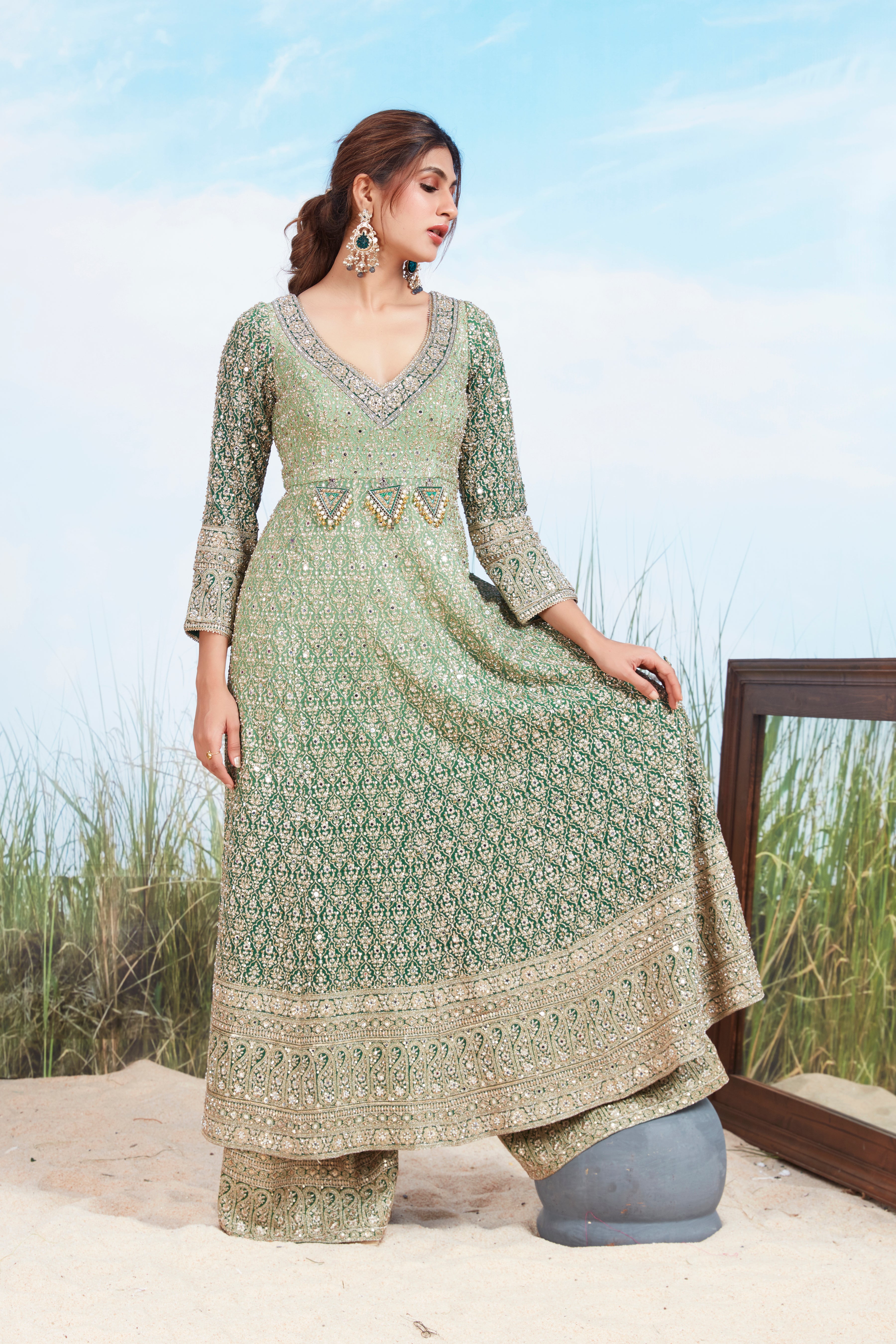 Mint Green Embellished Georgette Silk Palazzo Set