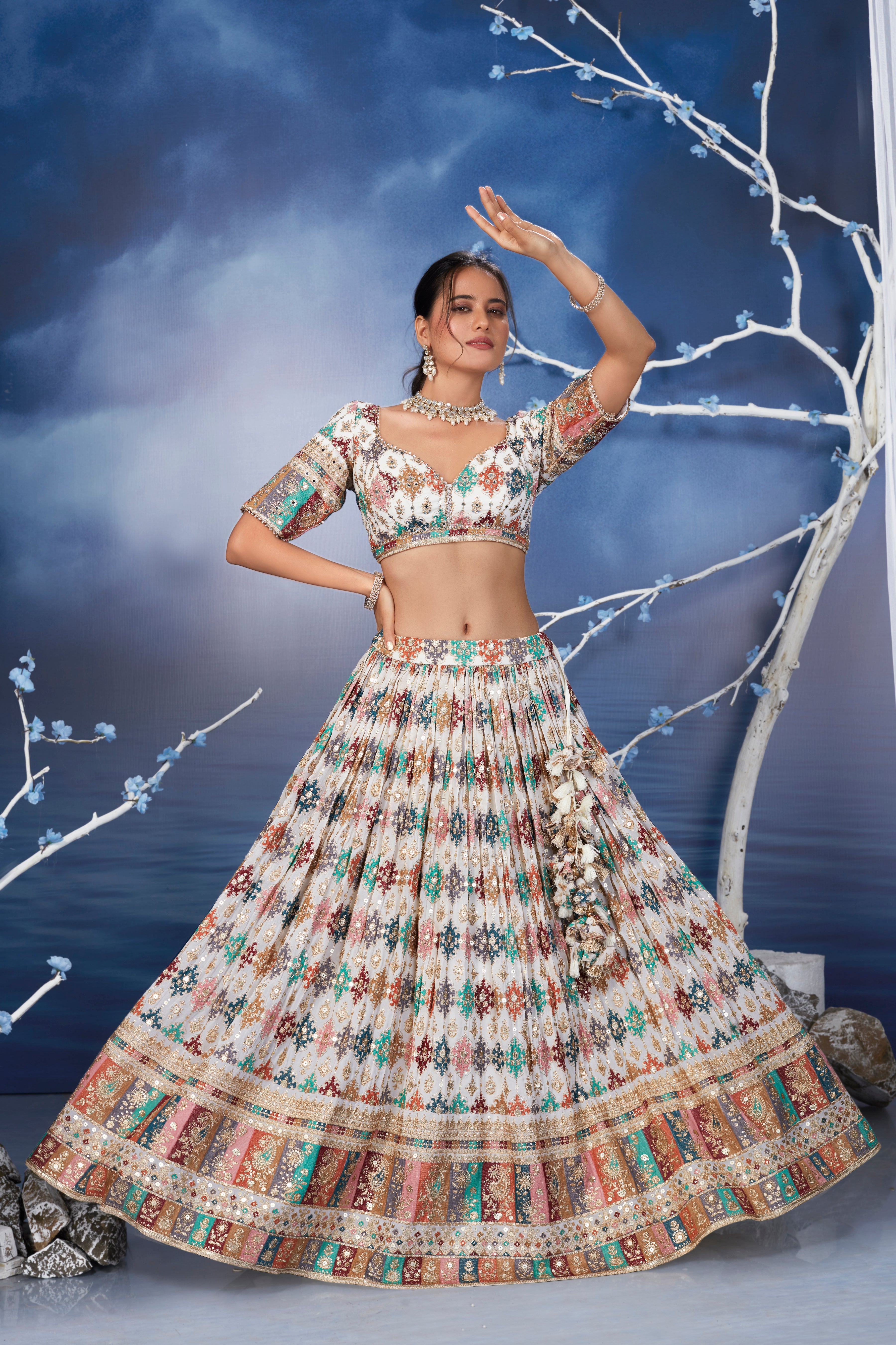 Pastel White Floral Embellished Premium Silk Lehenga Set