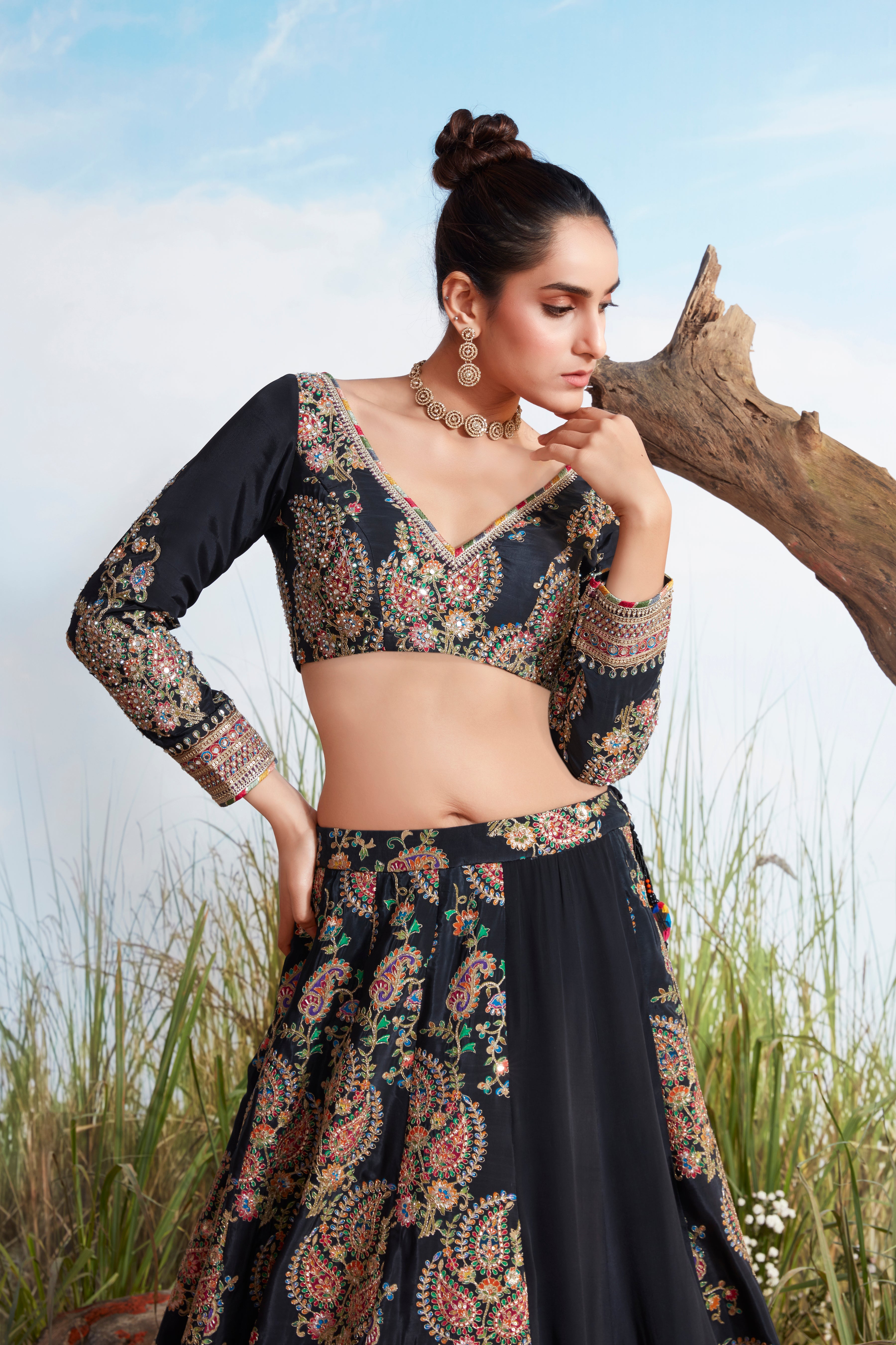 Bold Black Embellished Crepe Silk Lehenga Set