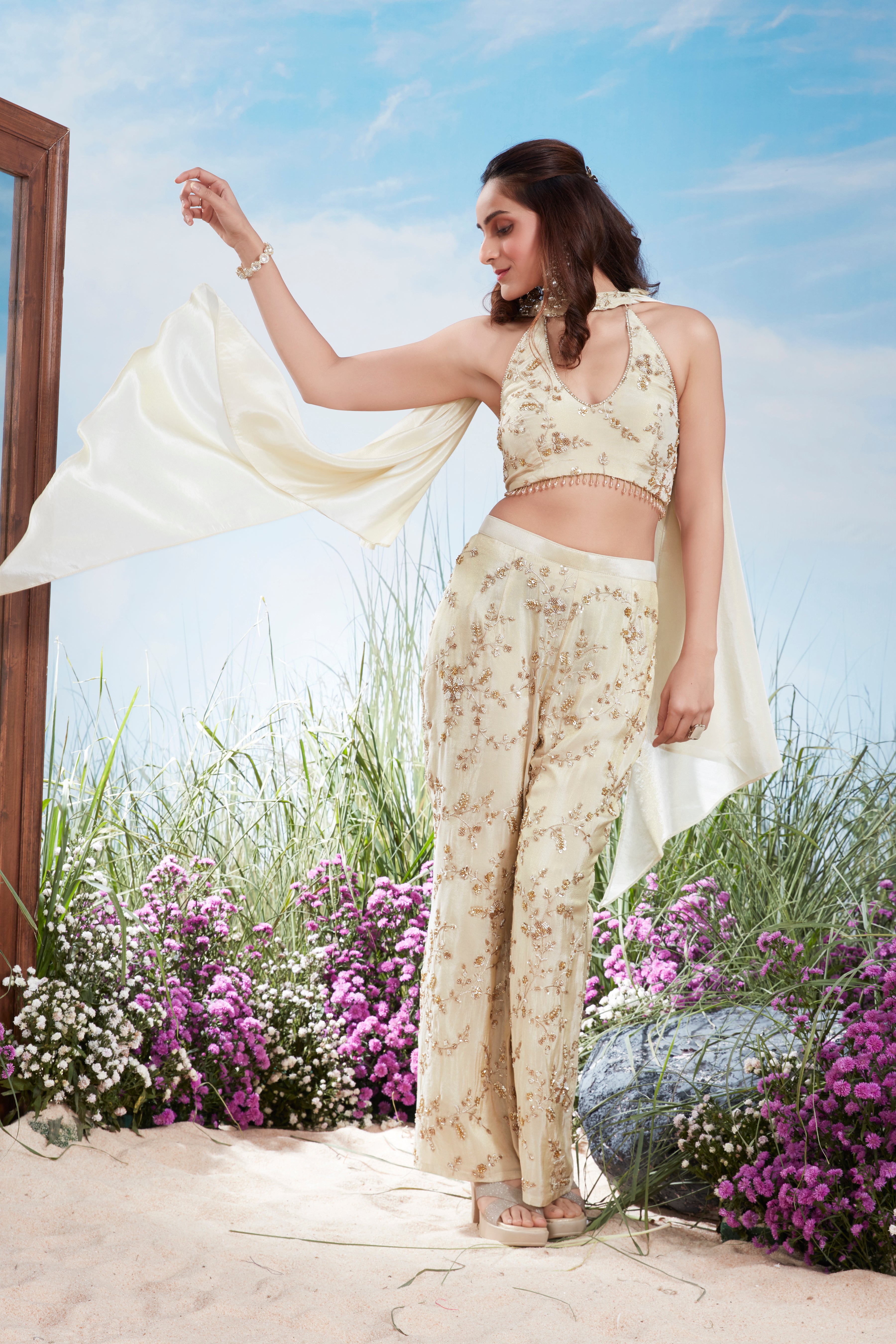 Cream Beige Embellished Uppada Silk Pant Set