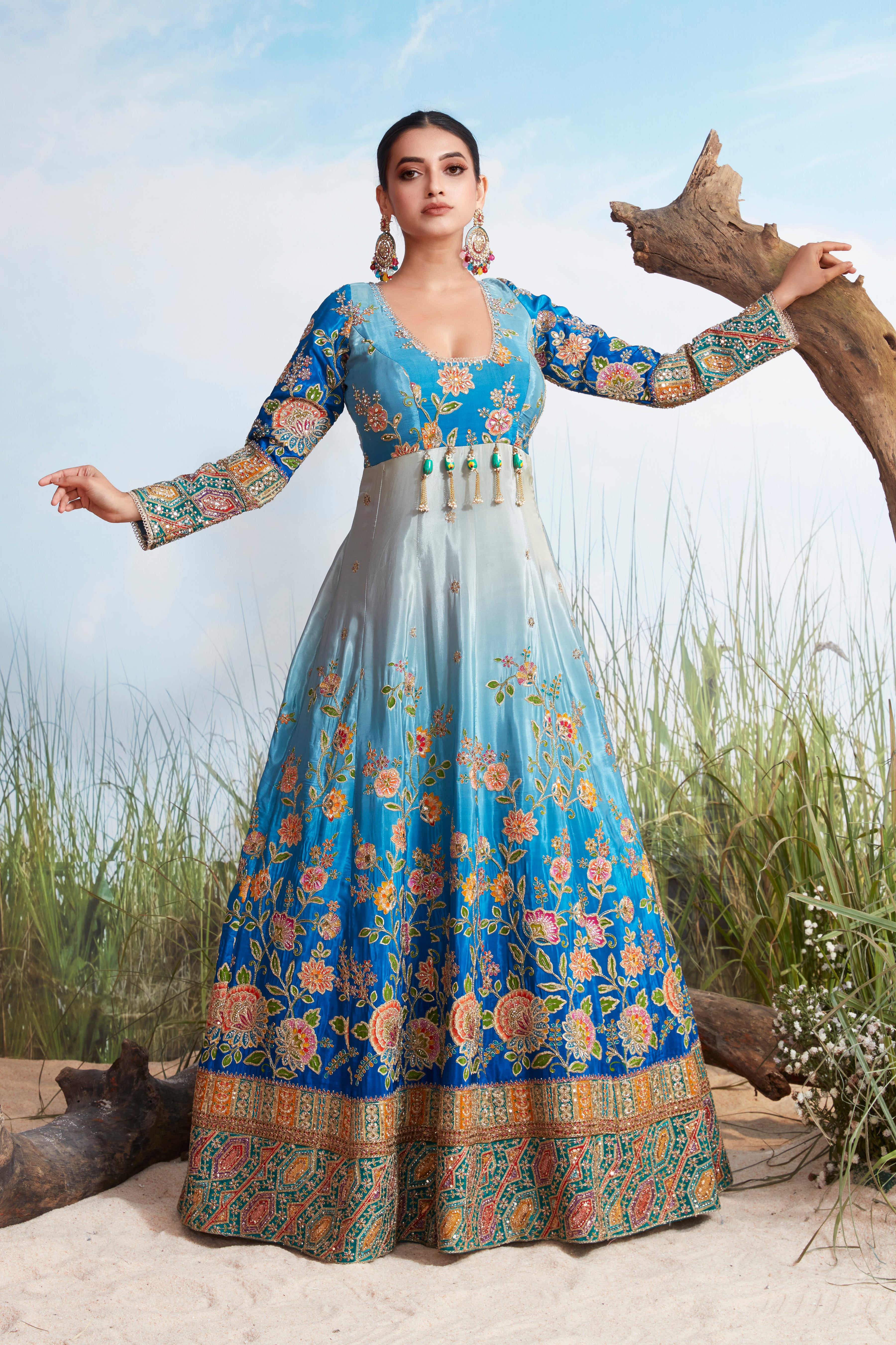 Ocean Blue Embellished Crepe Silk Anarkali Gown