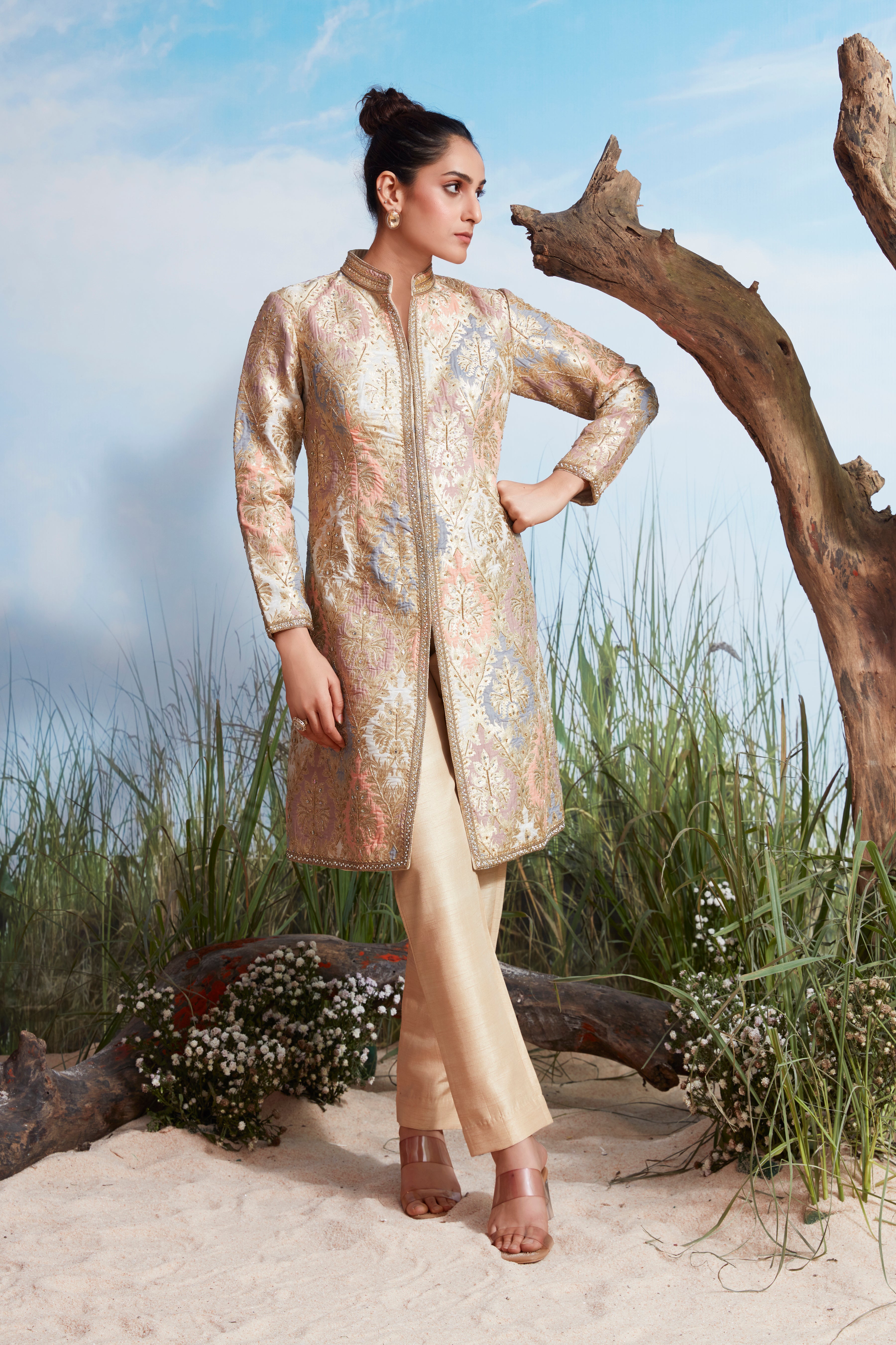 Ivory Gold Embellished Brocade Silk Kurta Set