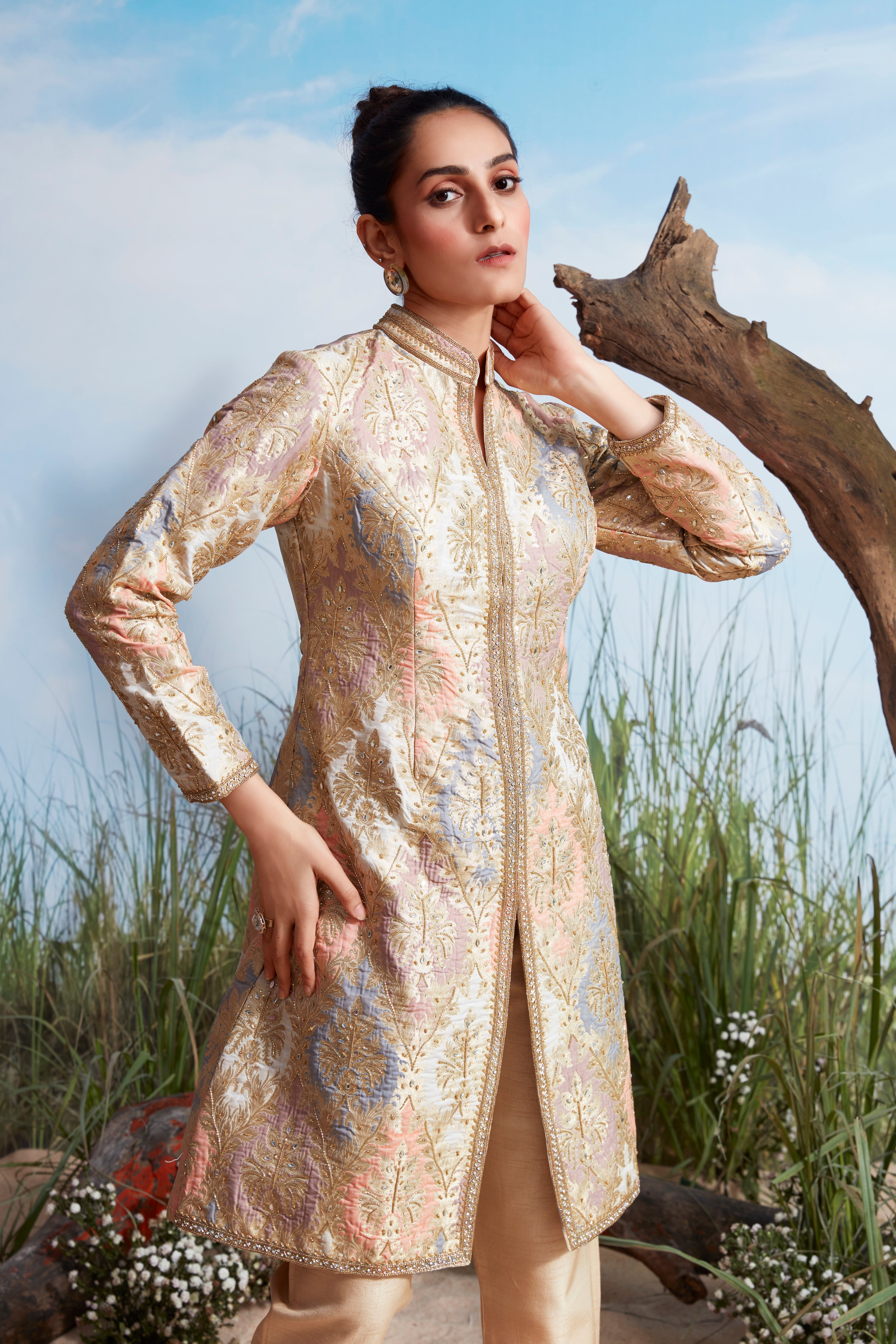 Ivory Gold Embellished Brocade Silk Kurta Set