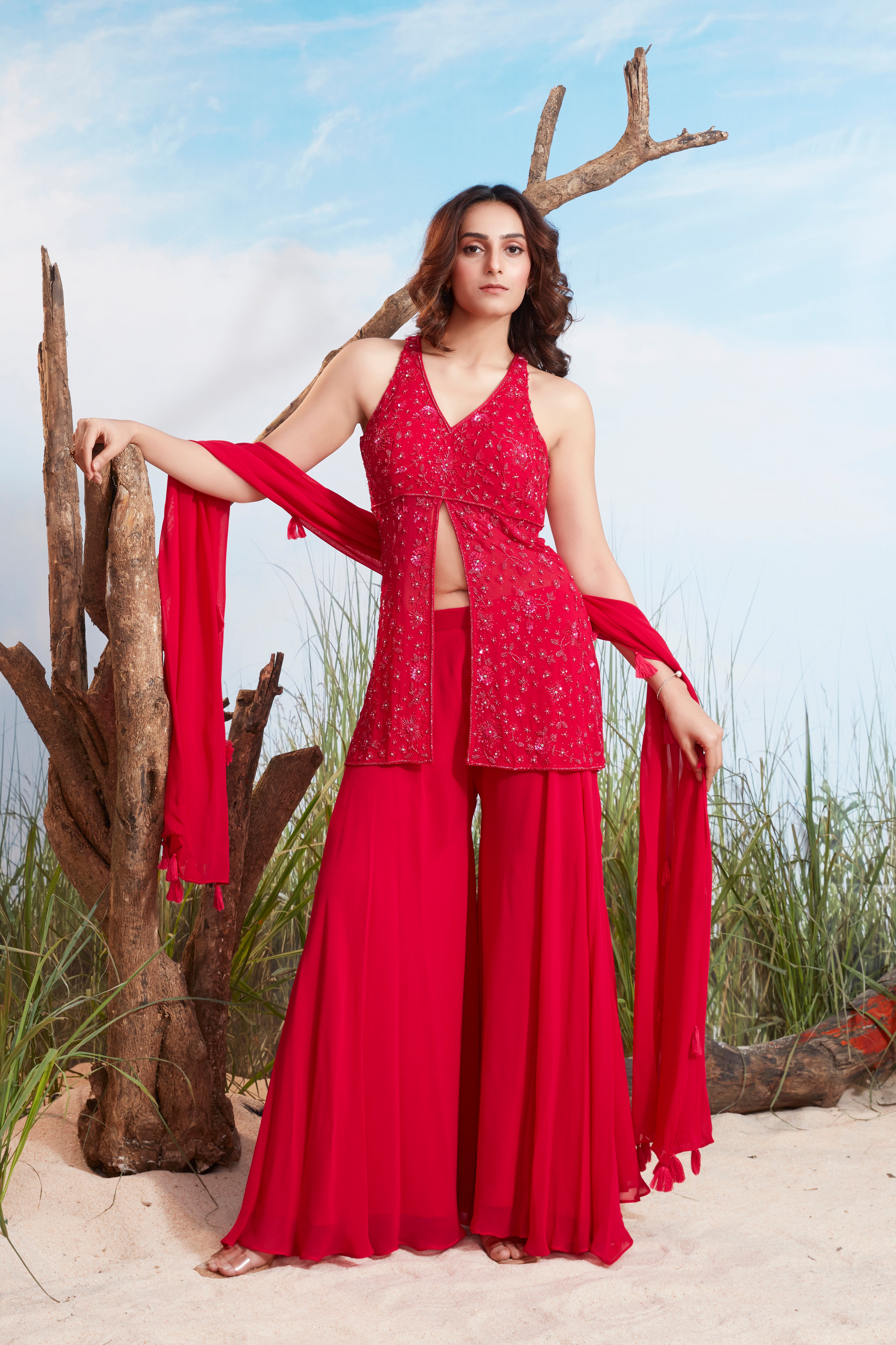 Vibrant Red Embellished Georgette Silk Palazzo Set