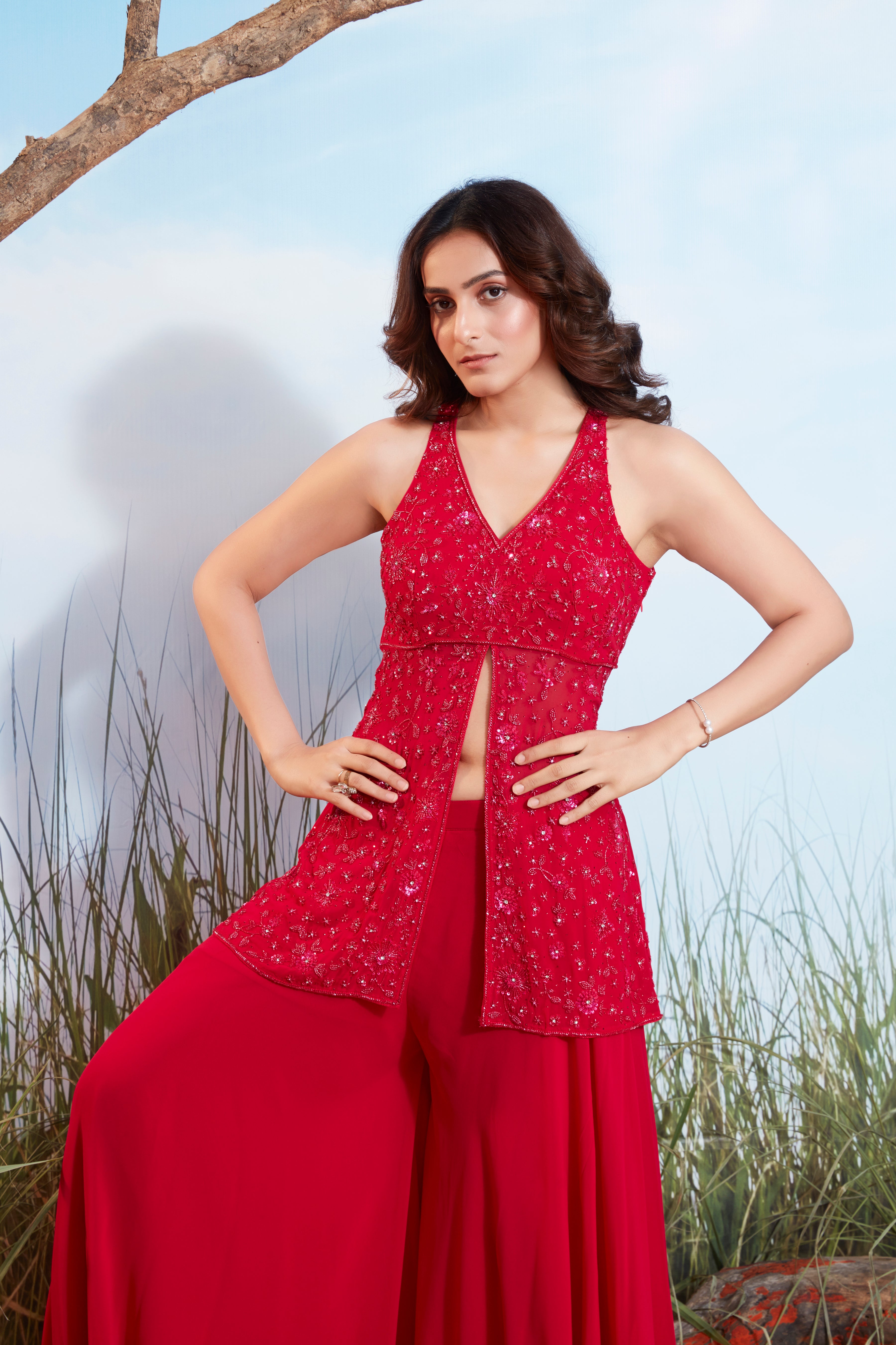 Vibrant Red Embellished Georgette Silk Palazzo Set