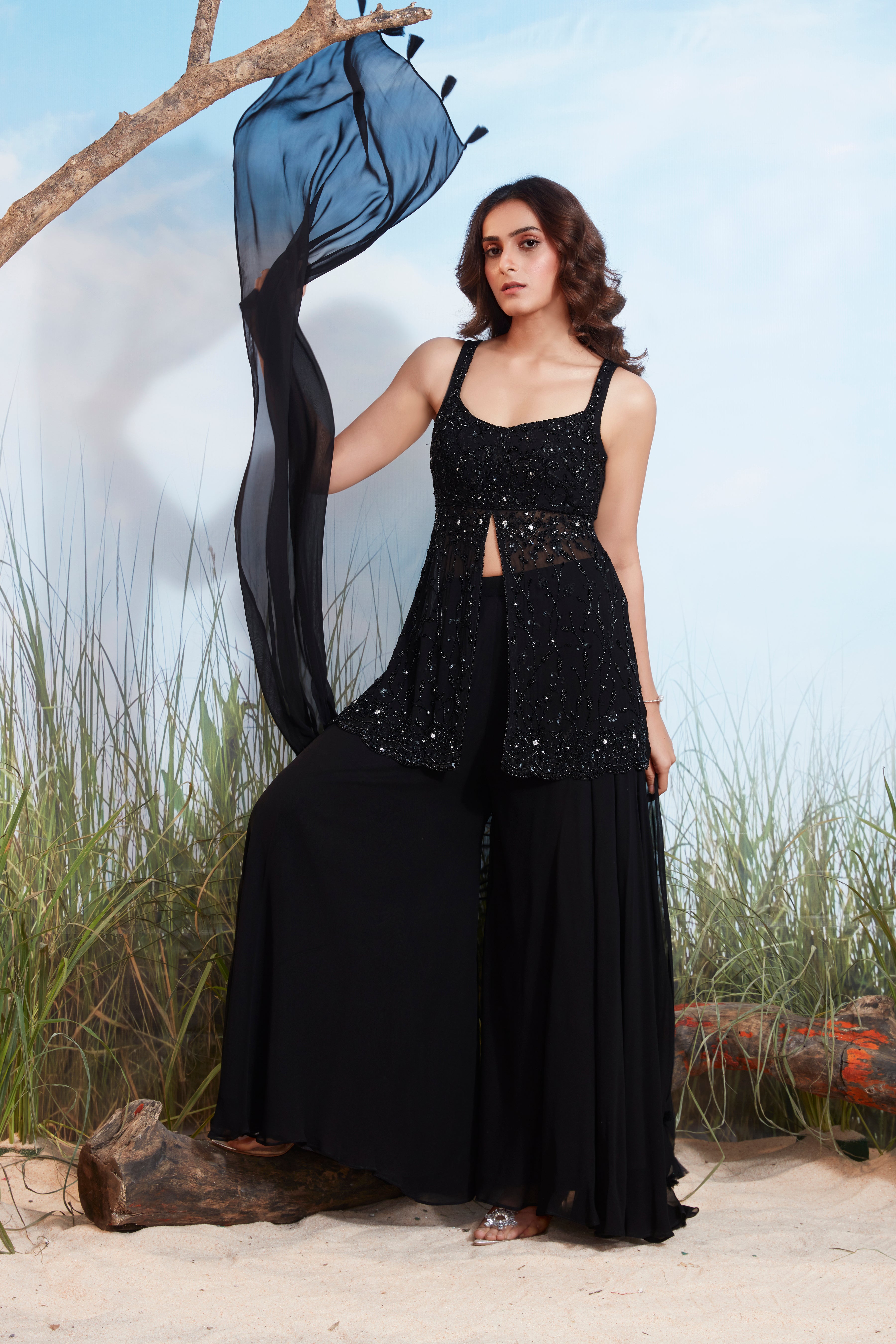 Hot Black Embellished Georgette Silk Palazzo Set