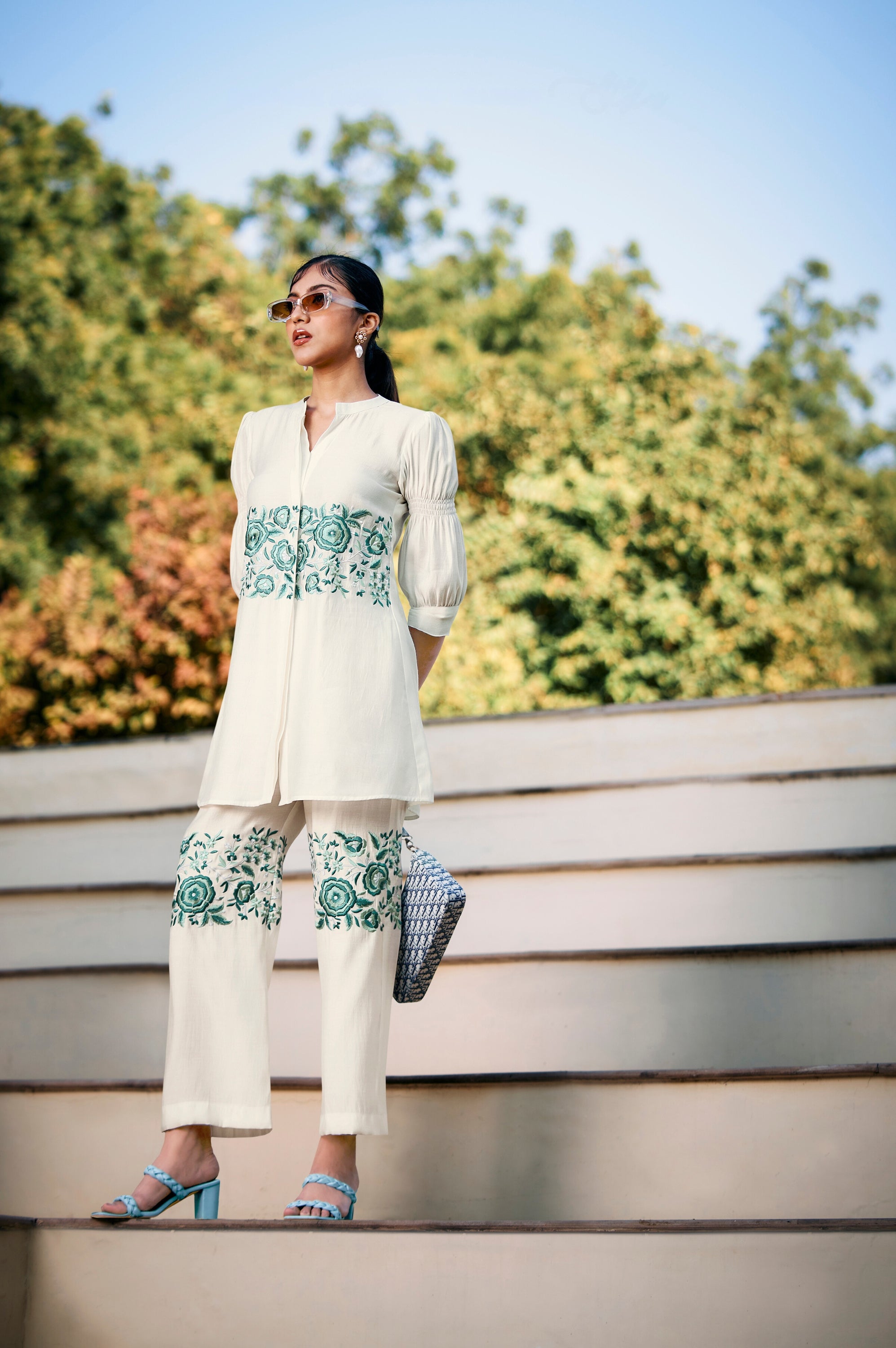 White Floral Embroidered German Linen Co-Ord Set