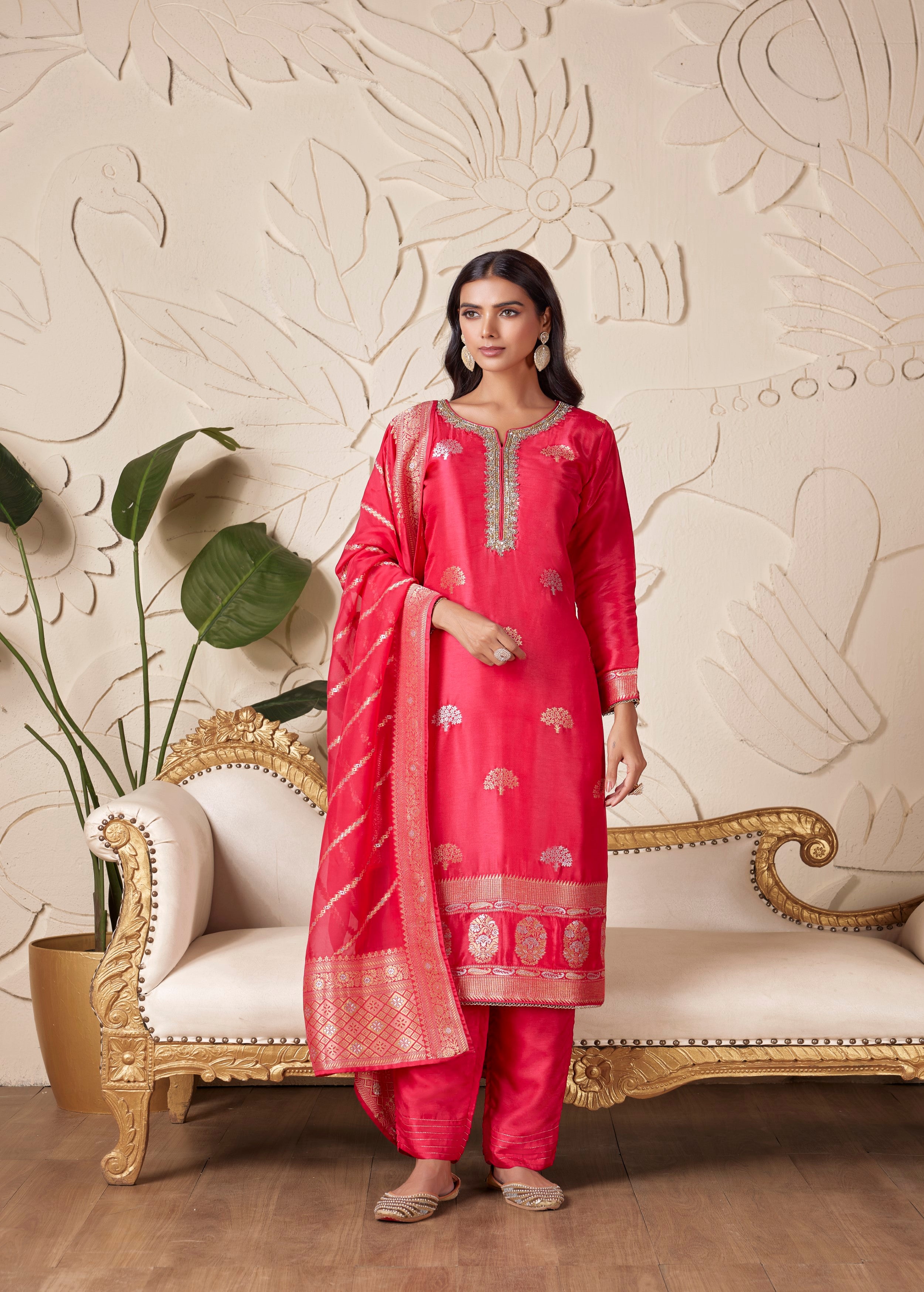 Salmon Pink Embellished Premium Silk Pant Set