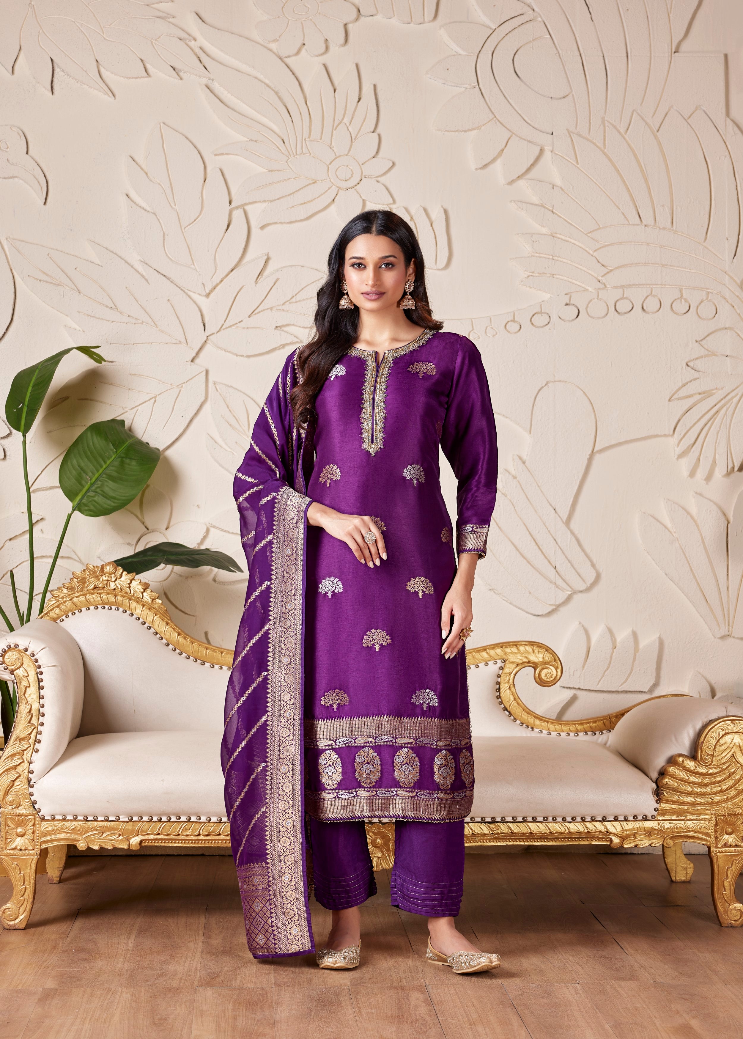 Deep Violet Embellished Premium Silk Pant Set