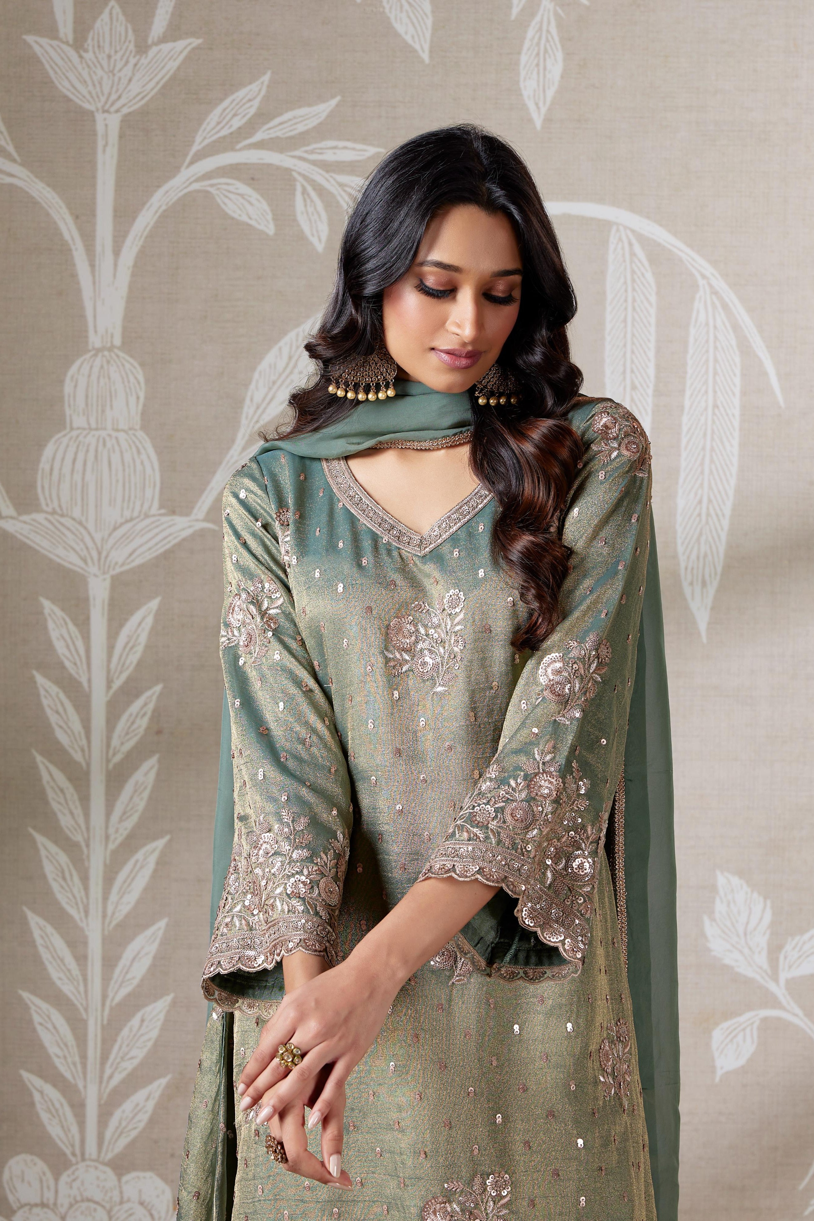 Emerald Floral Embroidered Kurta Palazzo Set