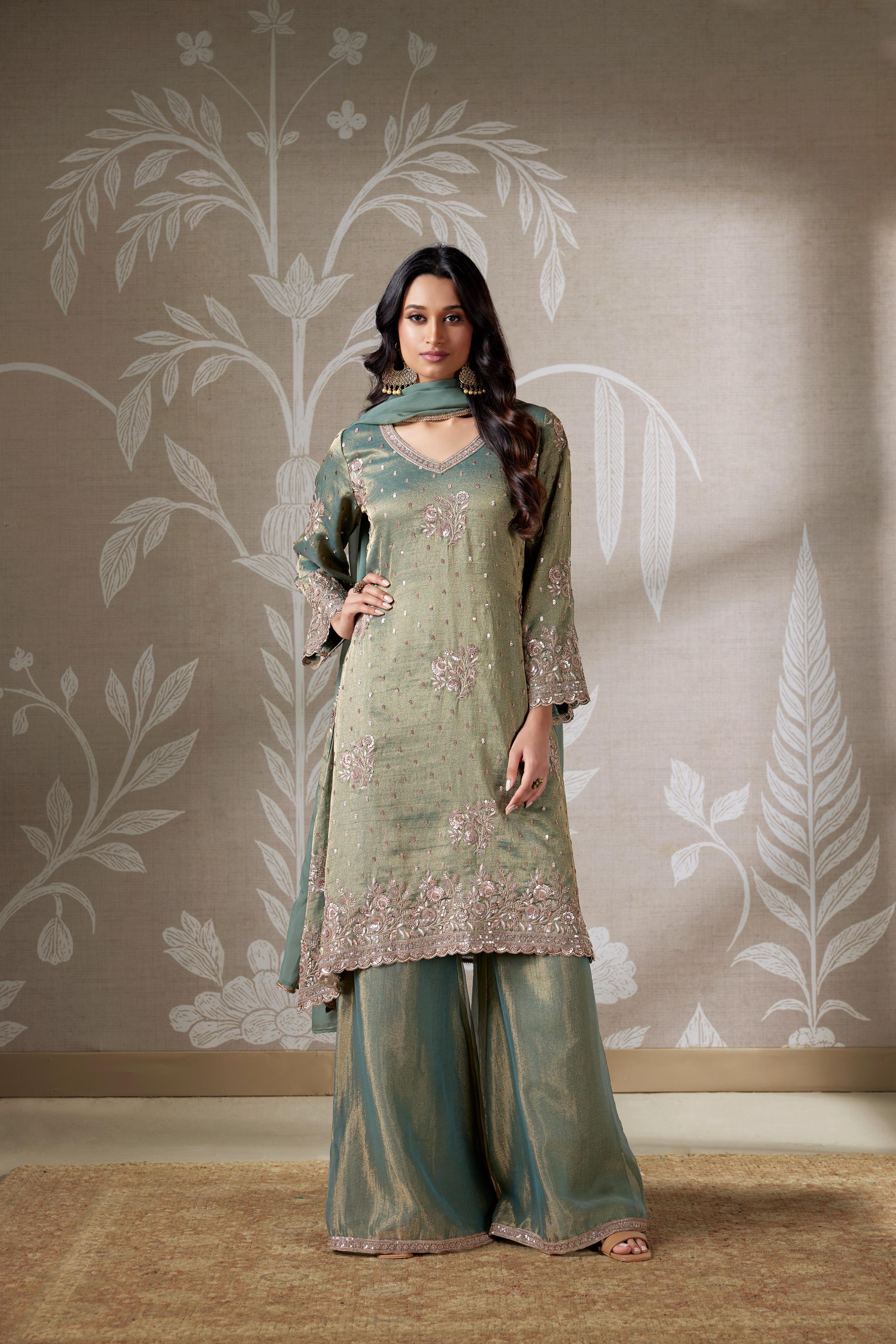 Emerald Floral Embroidered Kurta Palazzo Set