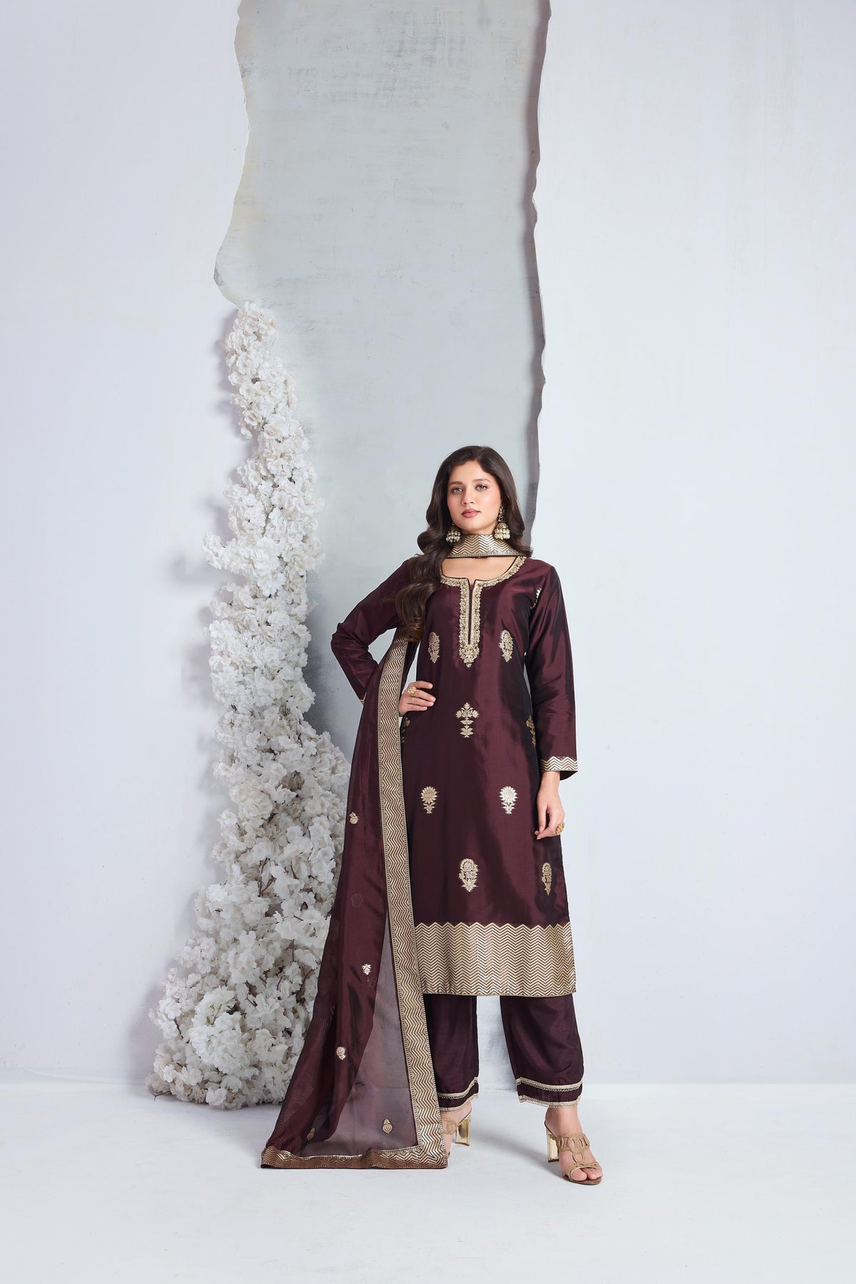 Deep Wine Embellished Viscose Silk Pant Set