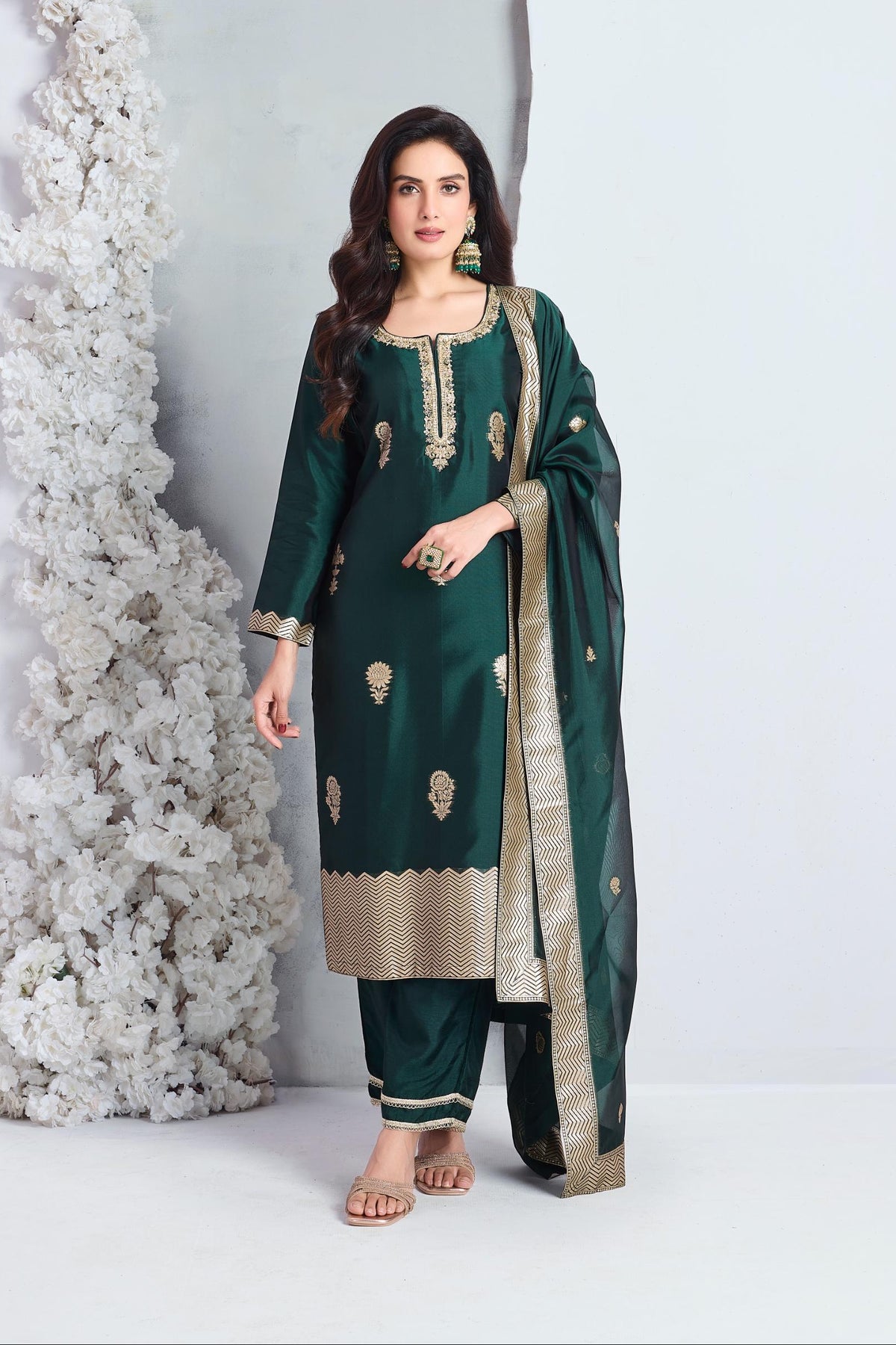 Emerald Green Embellished Viscose Silk Pant Set