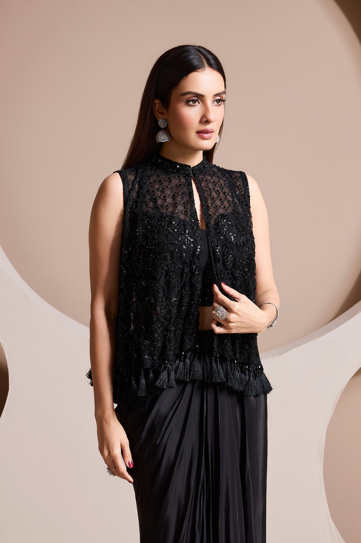 Jet Black Embellished Satin Silk Skirt Set