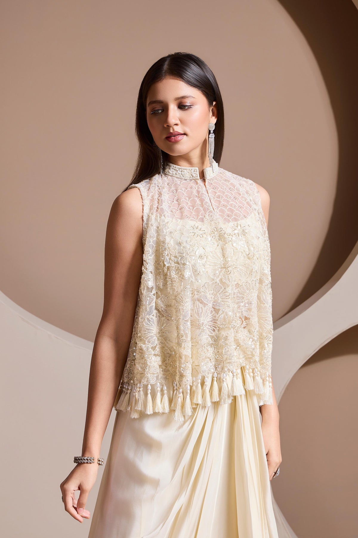 Champagne Cream Embellished Satin Silk Skirt Set