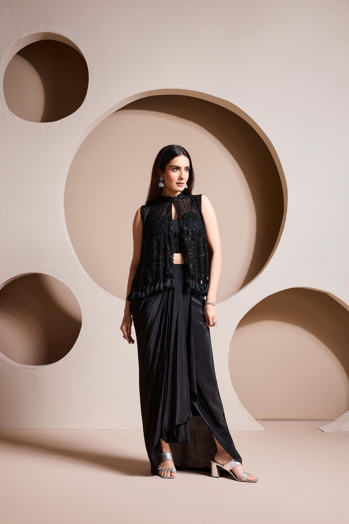 Jet Black Embellished Satin Silk Skirt Set