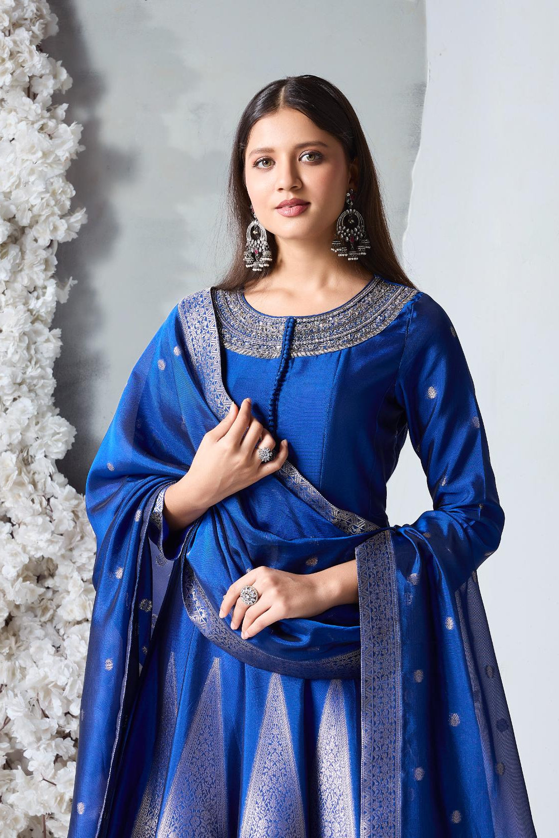 Royal Blue Embellished Viscose Silk Anarkali Set