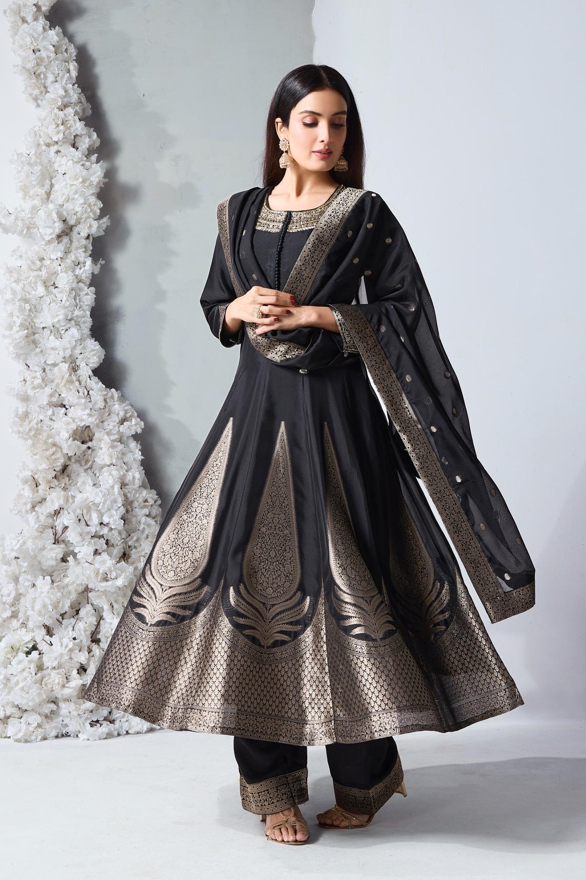Jet Black Embellished Viscose Silk Anarkali Set