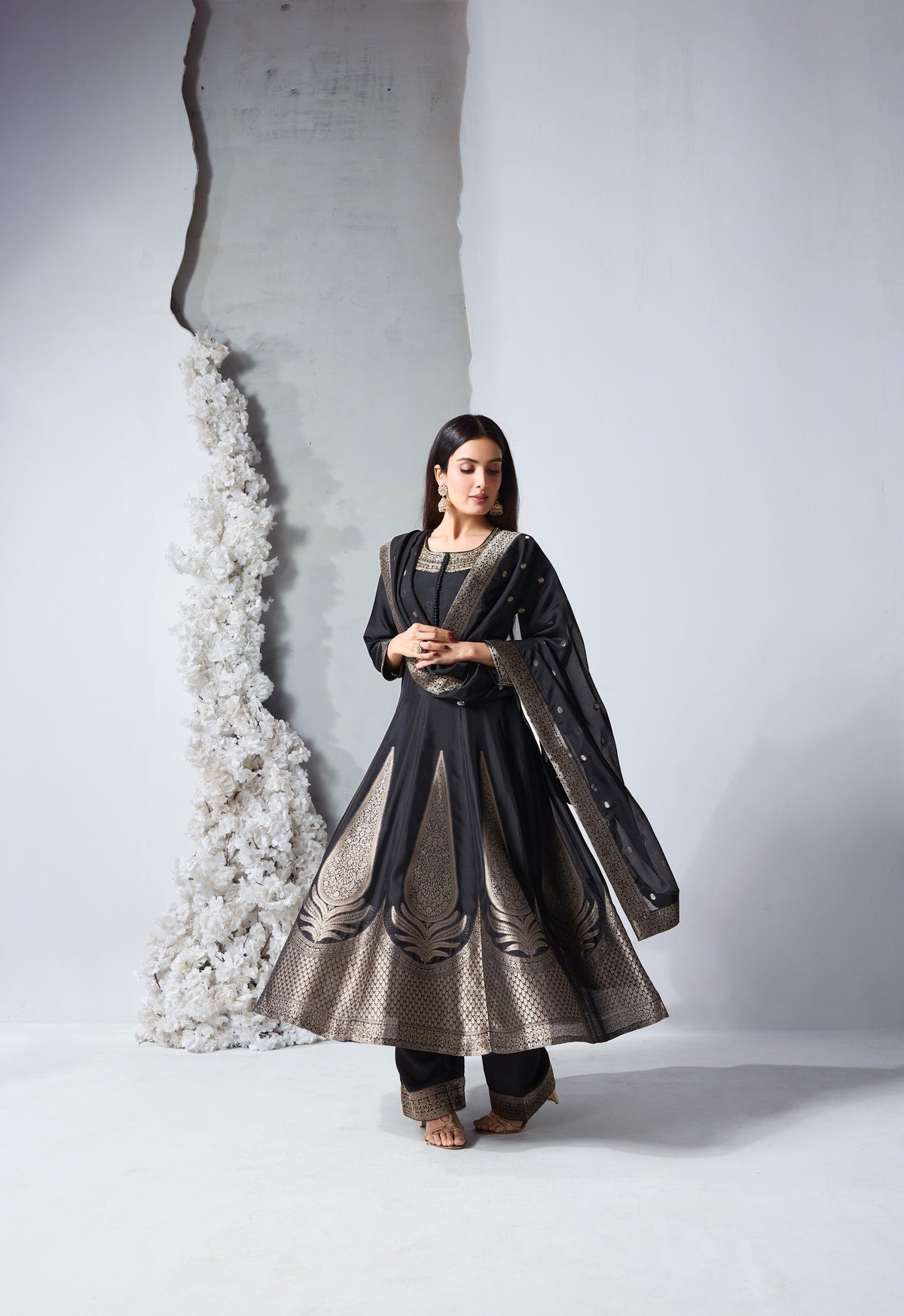 Jet Black Embellished Viscose Silk Anarkali Set