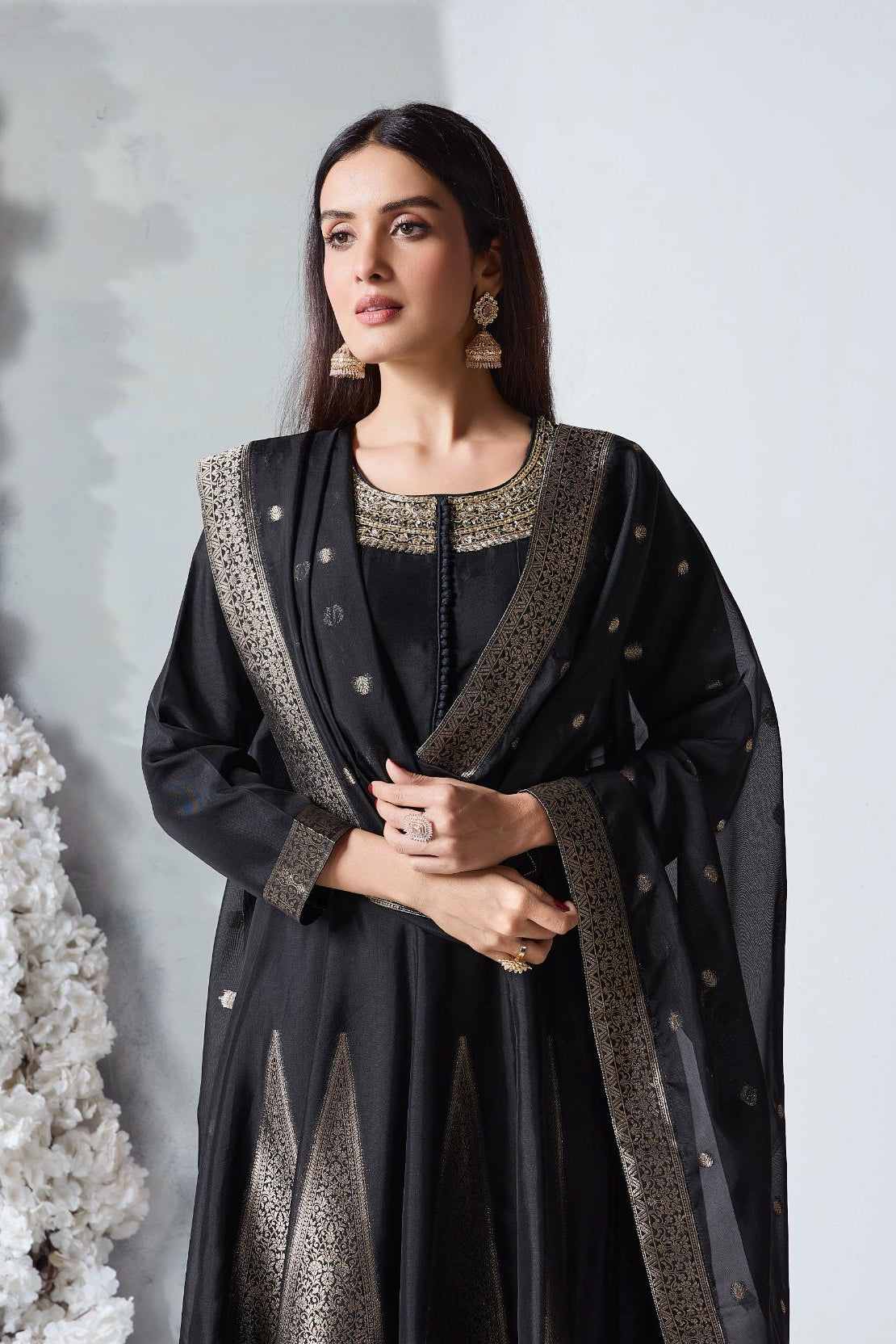 Jet Black Embellished Viscose Silk Anarkali Set