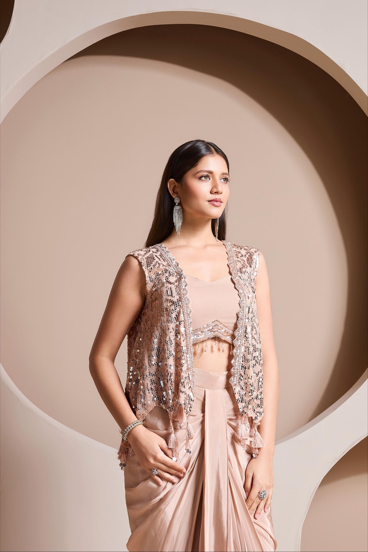 Nude Blush Embellished Satin Silk Skirt Set