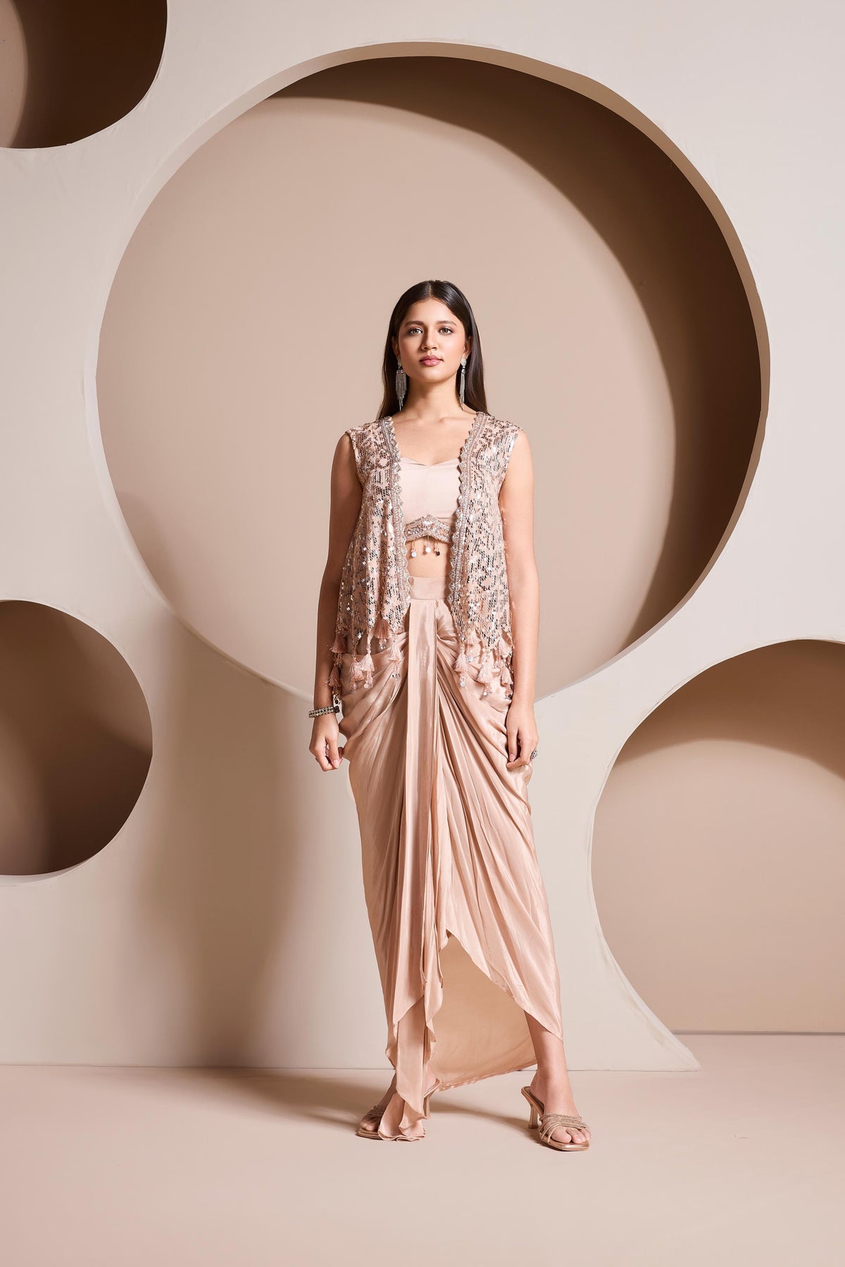 Nude Blush Embellished Satin Silk Skirt Set