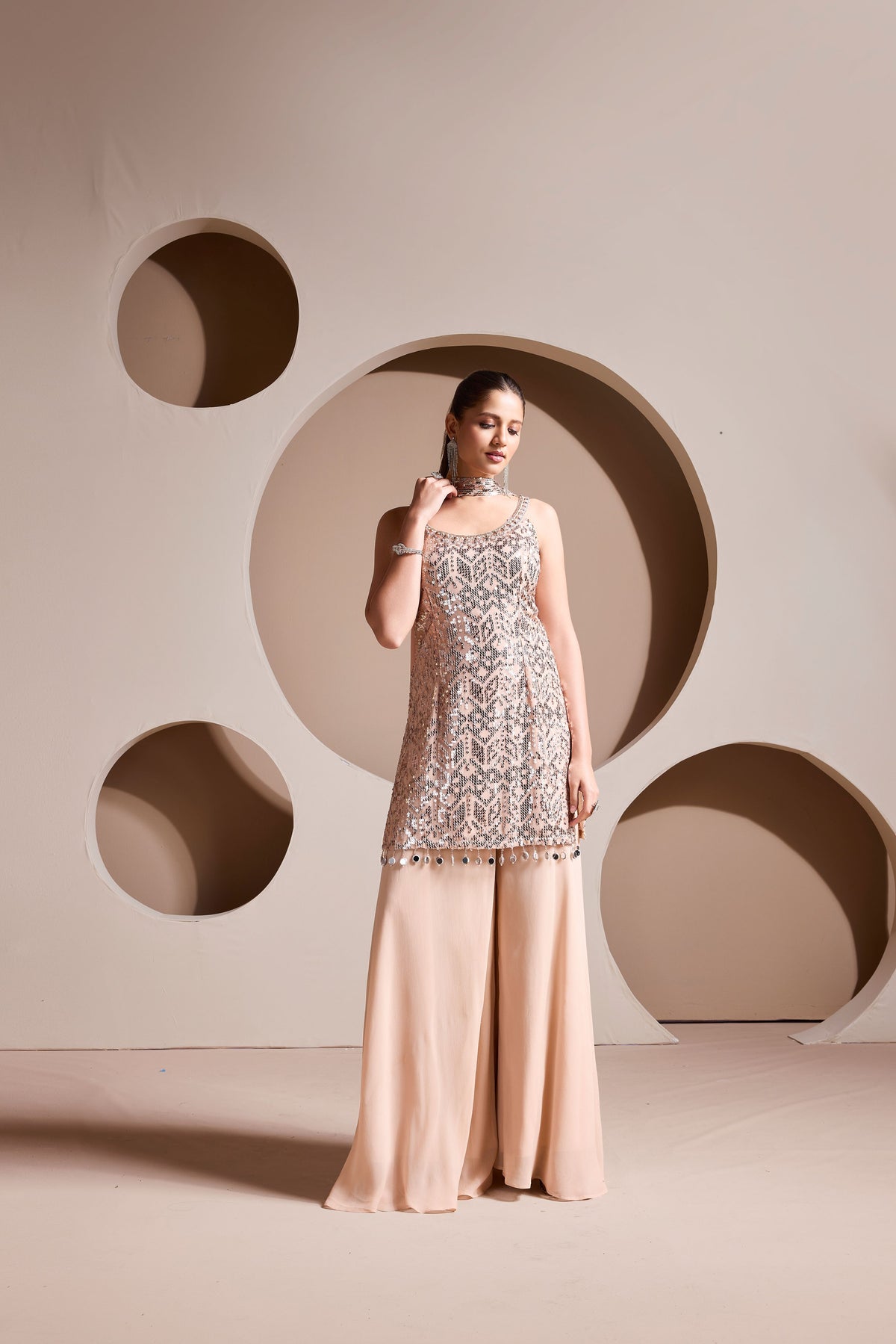 Champagne Embellished Georgette Silk Palazzo Set