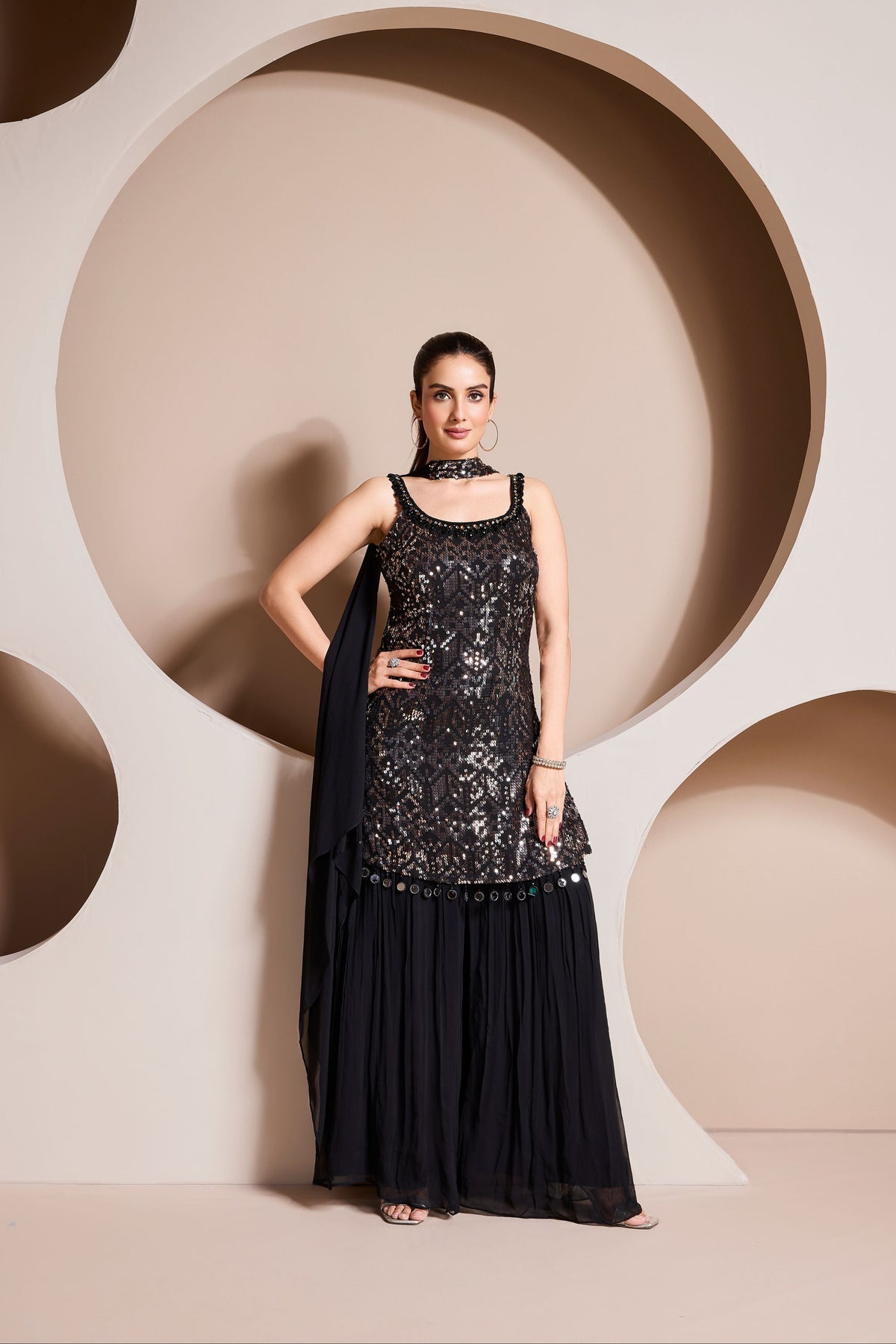 Charcoal Black Embellished Georgette Silk Palazzo Set