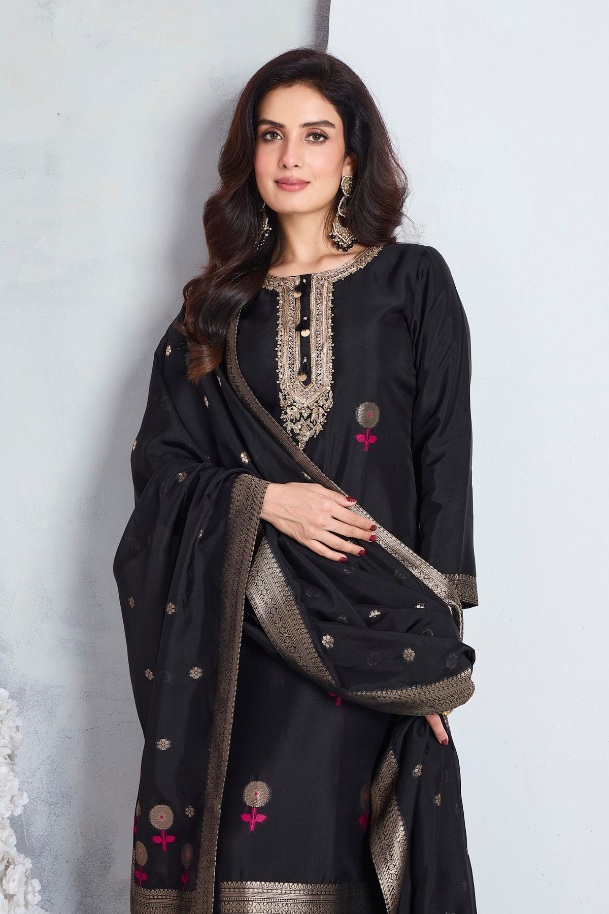 Jet Black Embellished Viscose Silk Pant Set