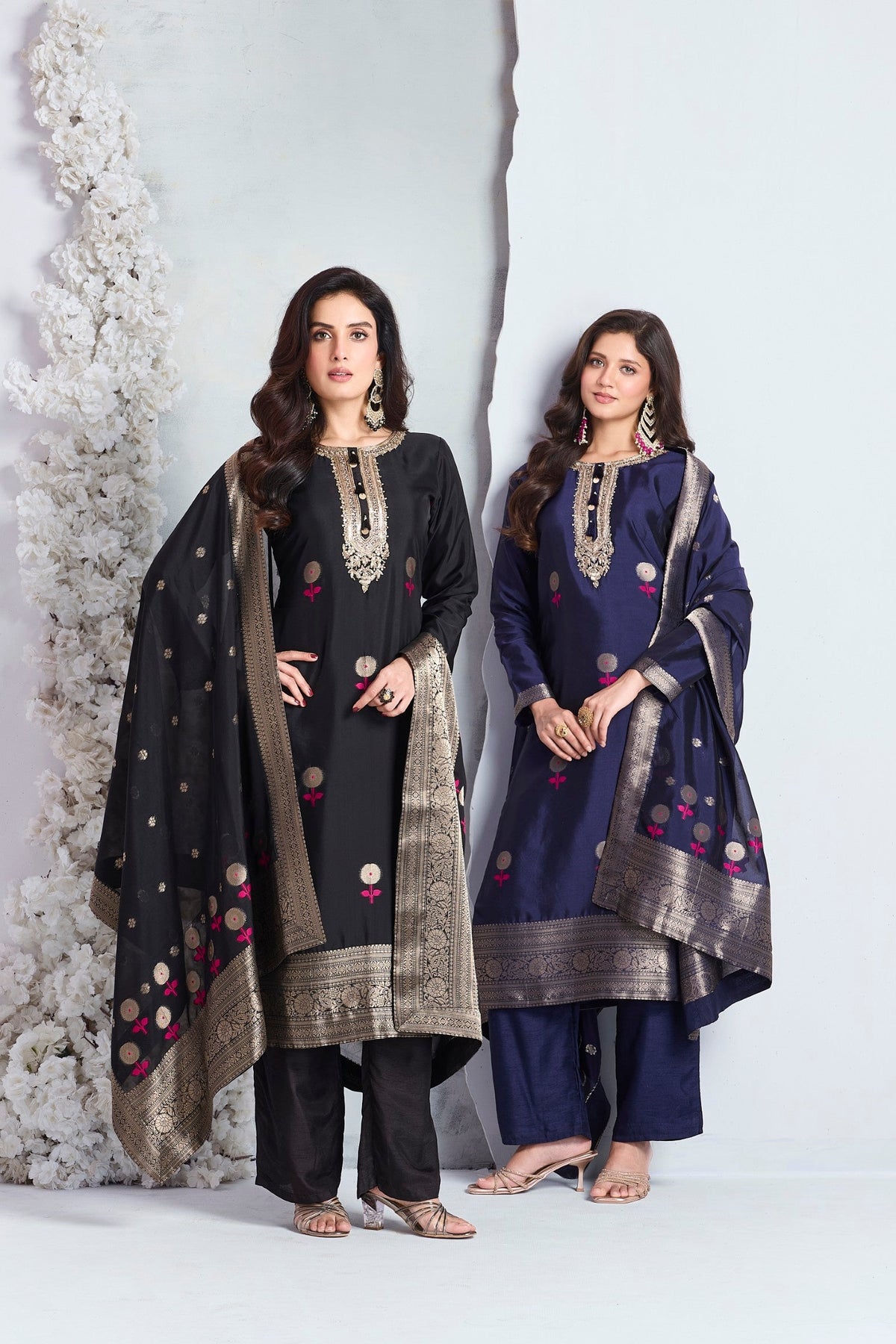 Ink Blue Embellished Viscose Silk Pant Set
