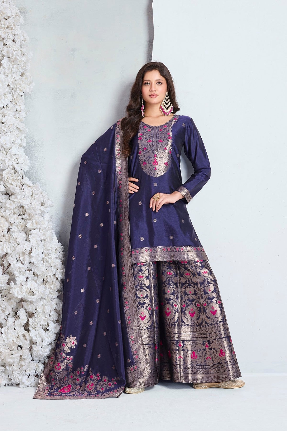 Midnight Blue Embellished Viscose Silk Palazzo Set