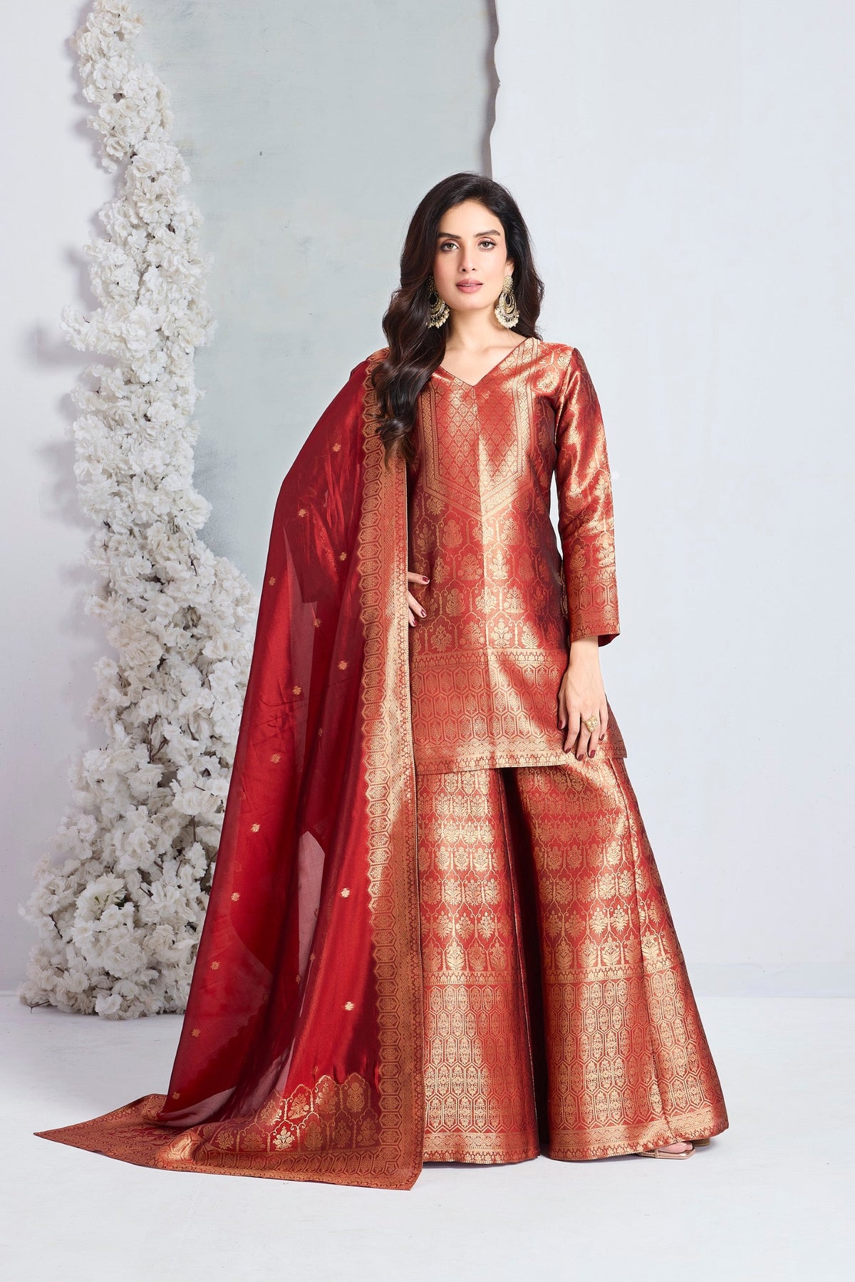 Crimson Red Embellished Viscose Silk Palazzo Set