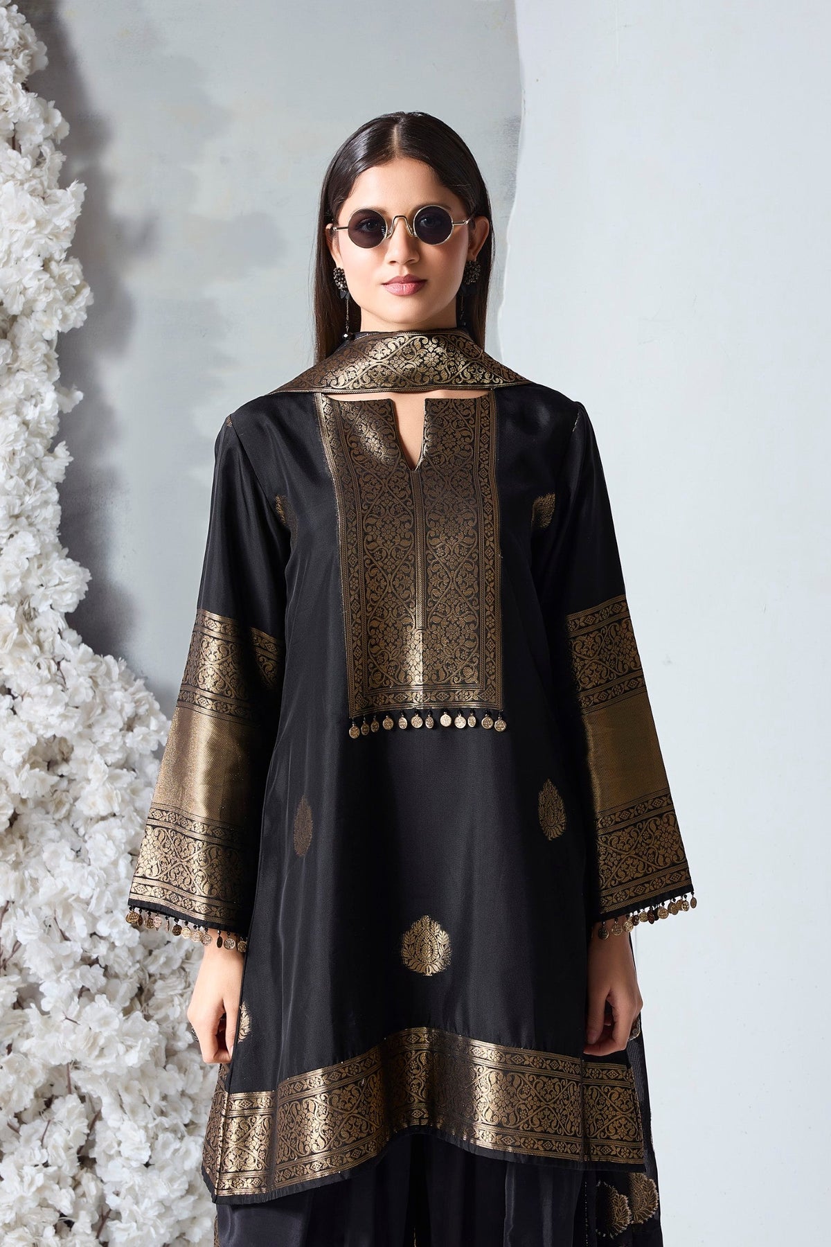 Rich Black Embellished Viscose Silk Dhoti Set