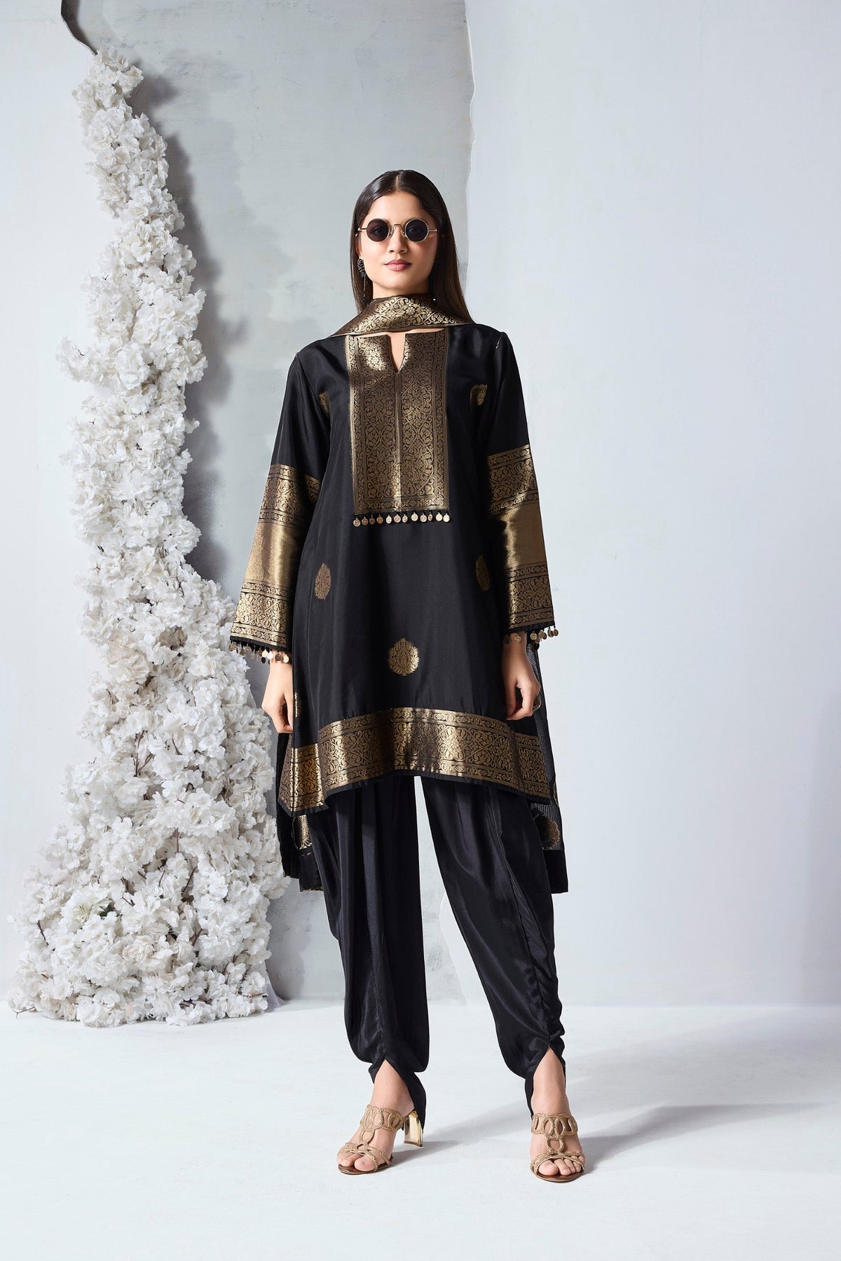 Rich Black Embellished Viscose Silk Dhoti Set