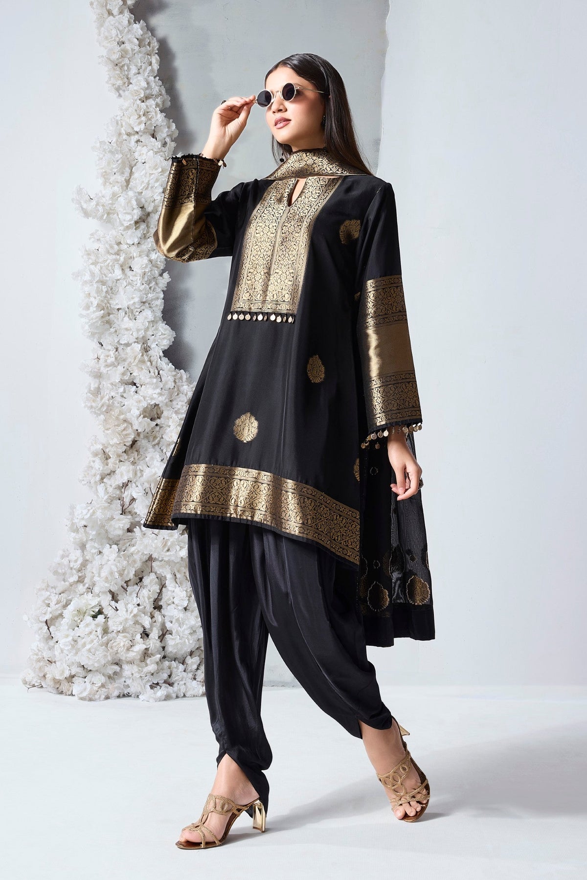 Rich Black Embellished Viscose Silk Dhoti Set
