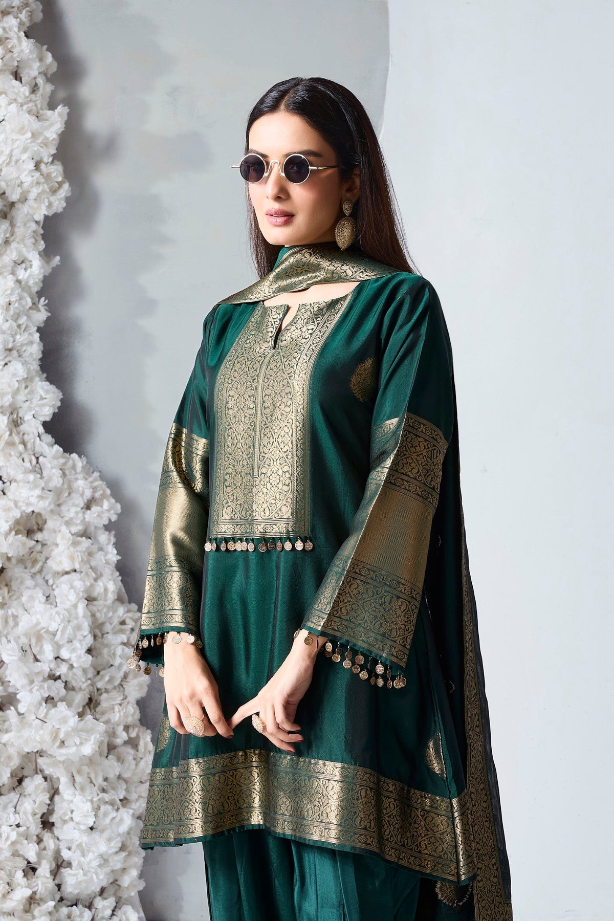Rich Emerald Green Embellished Viscose Silk Dhoti Set