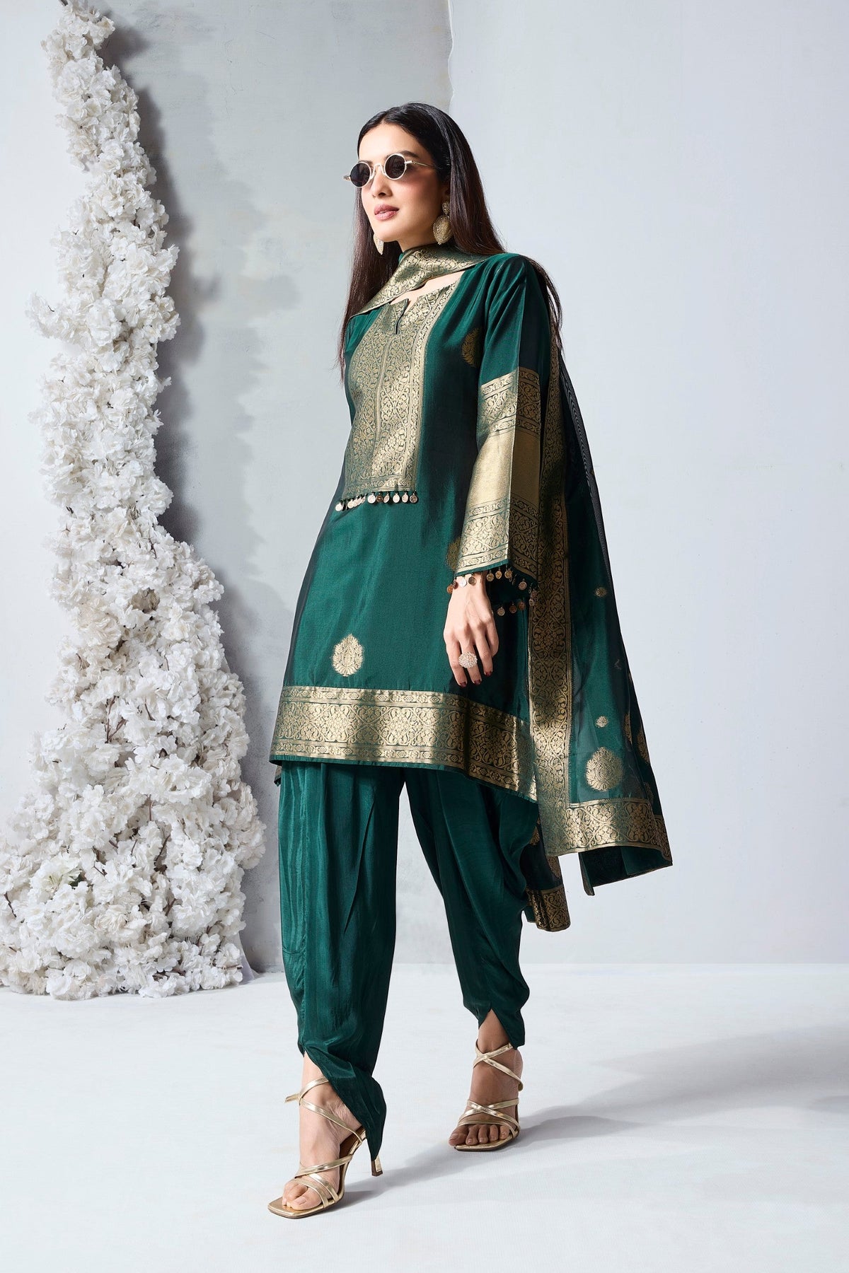 Rich Emerald Green Embellished Viscose Silk Dhoti Set