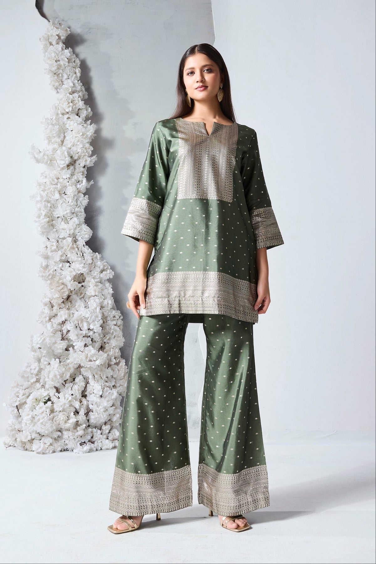 Sage Green Embellished Viscose Silk Co-Ord Set