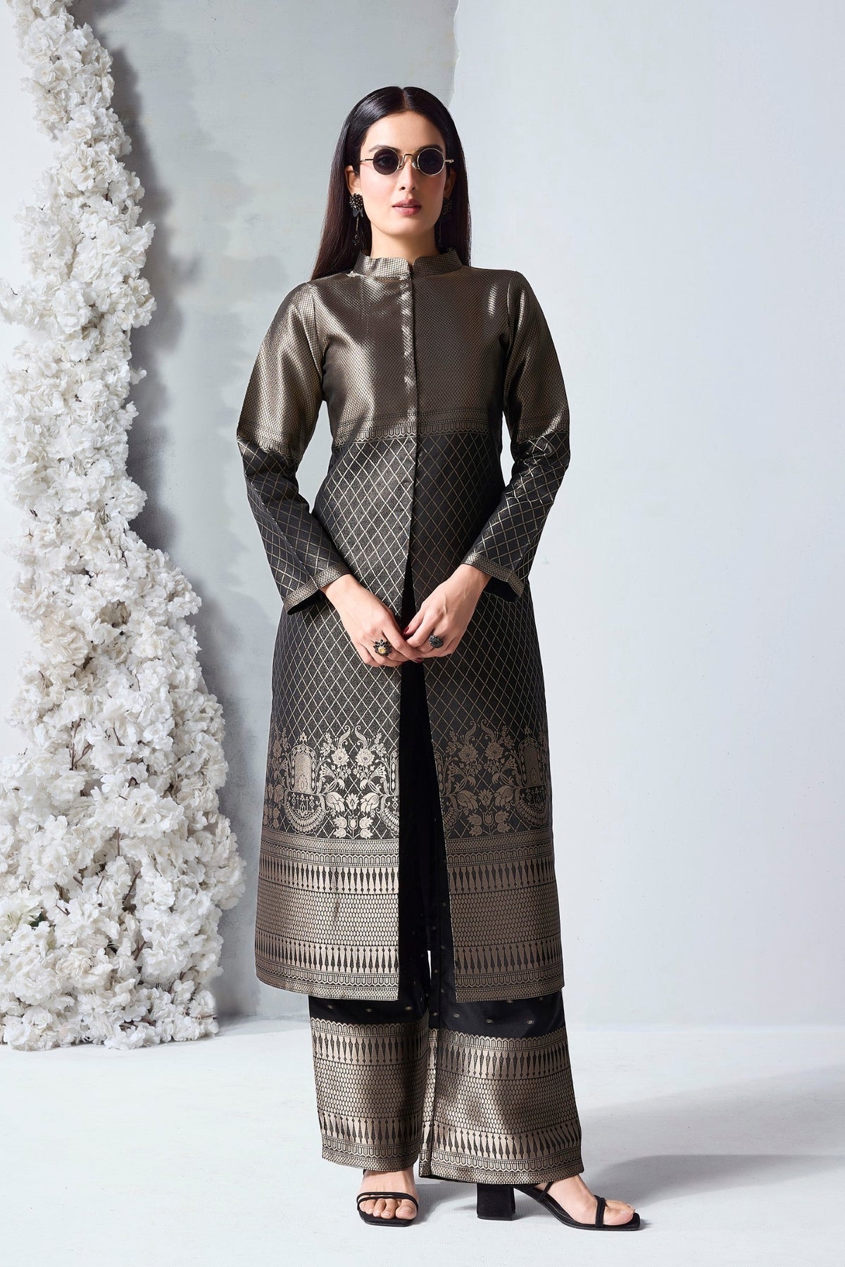 Black Embellished Viscose Silk Palazzo Set