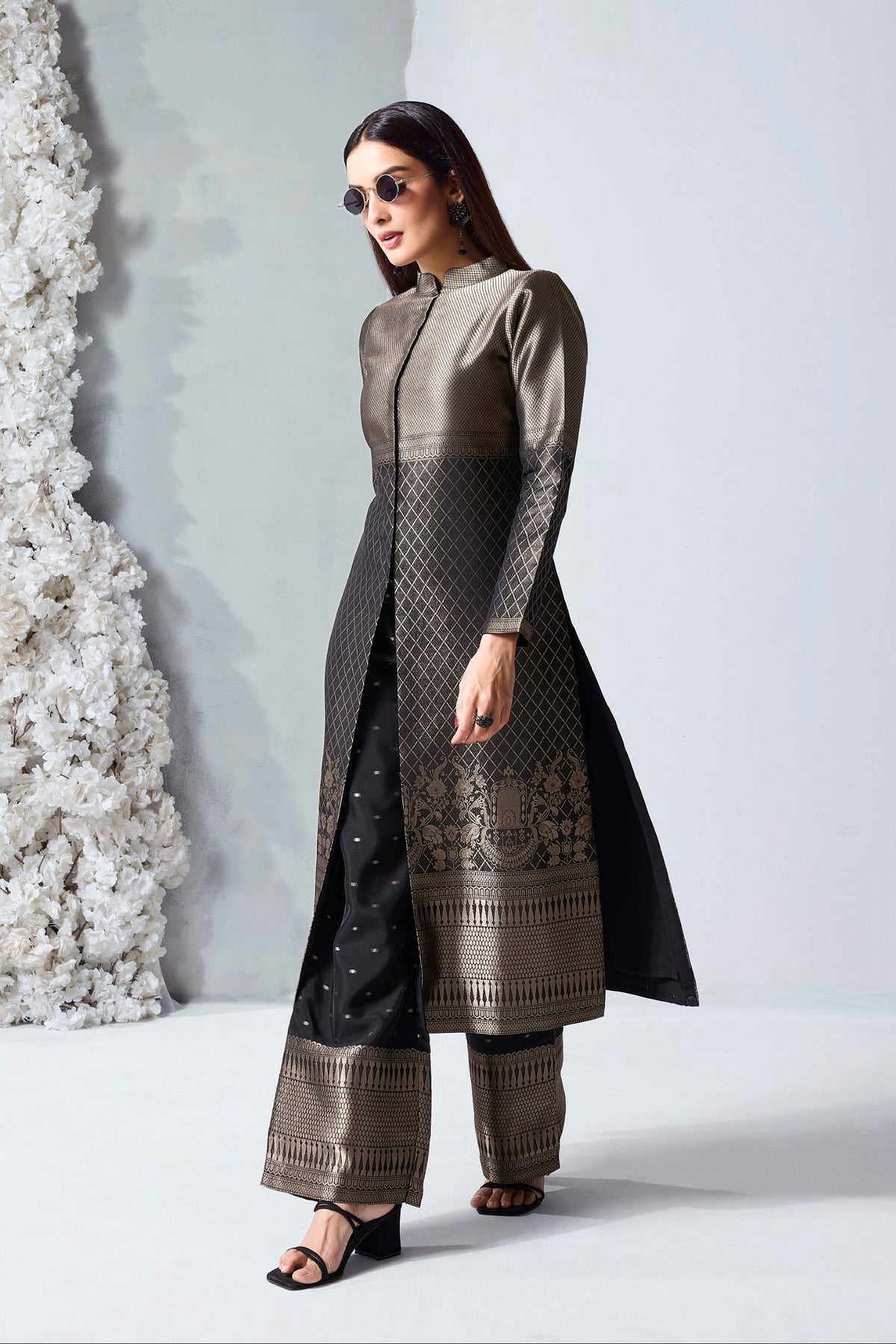 Black Embellished Viscose Silk Palazzo Set