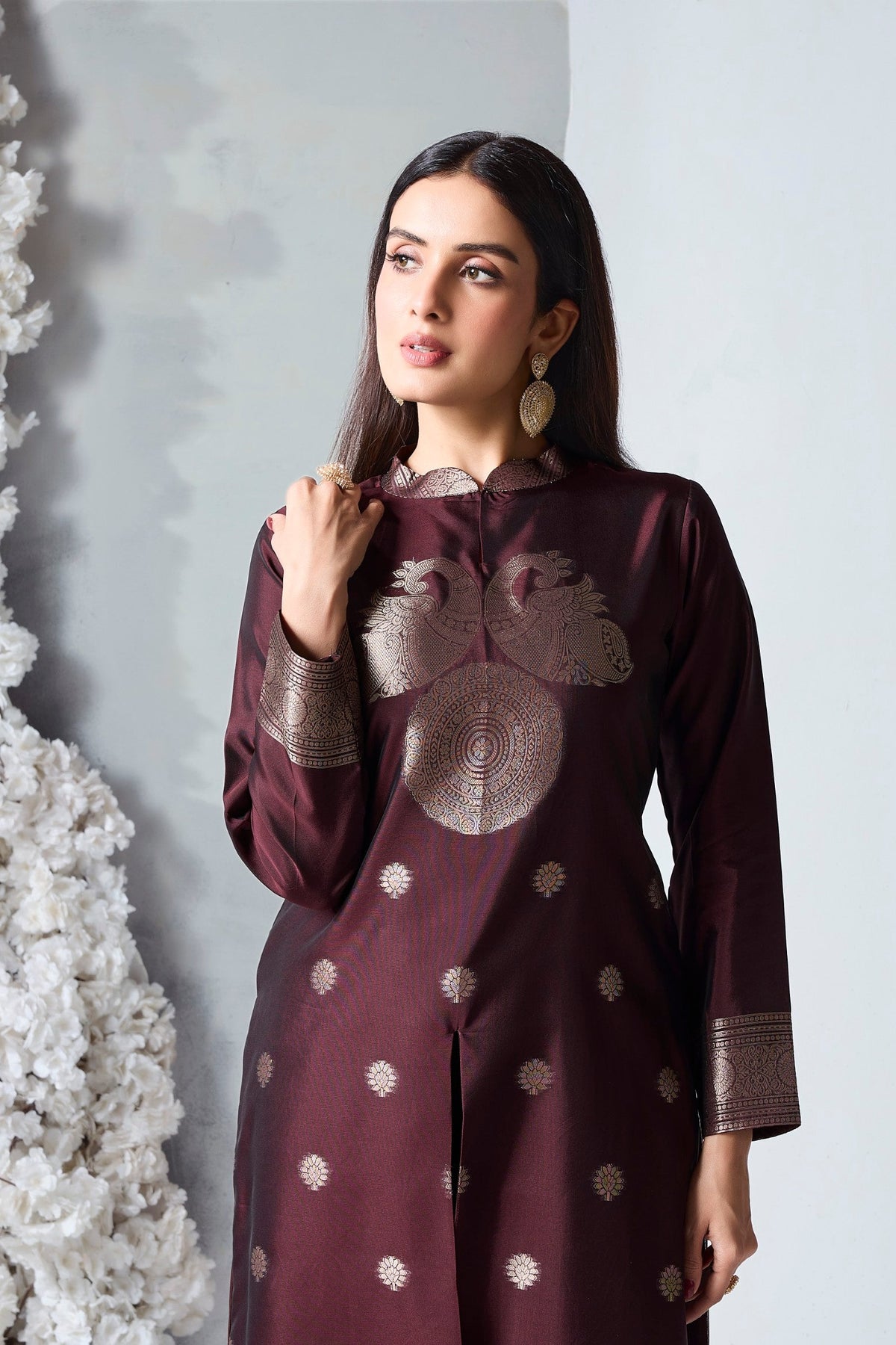 Rich Brown Embellished Viscose Silk Kurta Set